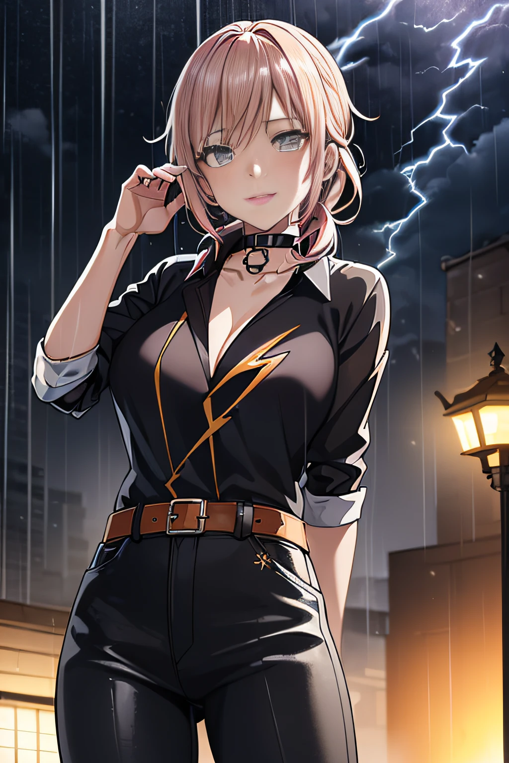 (Lightning illuminating the dark sky:1.7),Stormy night, (Rain pouring down on a tomboy:1.3), creating a dramatic and moody atmosphere.
Drenched tomboy,piercings,Punk rock fashion,Open jacket with chain,Punk rock shirts,Punk rock pants with chain,Chain Accessories,a choker,(The whole body is soaking wet,Rainwater dripping from the face,Wet face,wetting hair,Wet and glowing skin,Soaking wet costumes,),(Glossy silver and orange two-tone hair,Short ponytail),(The composition of the princess's face,large full breasts,Pointed lips,red lipsticks,Cute round face,A smile that makes the viewer happy,blushing with embarrassment,red blush,),Bold sexy poses,crouching down,
(in 8K, Raw photo, Best Quality, masutepiece,),(Realistic,Extreme detail photo,Digital SLR,),(Image Mode Ultra HD),