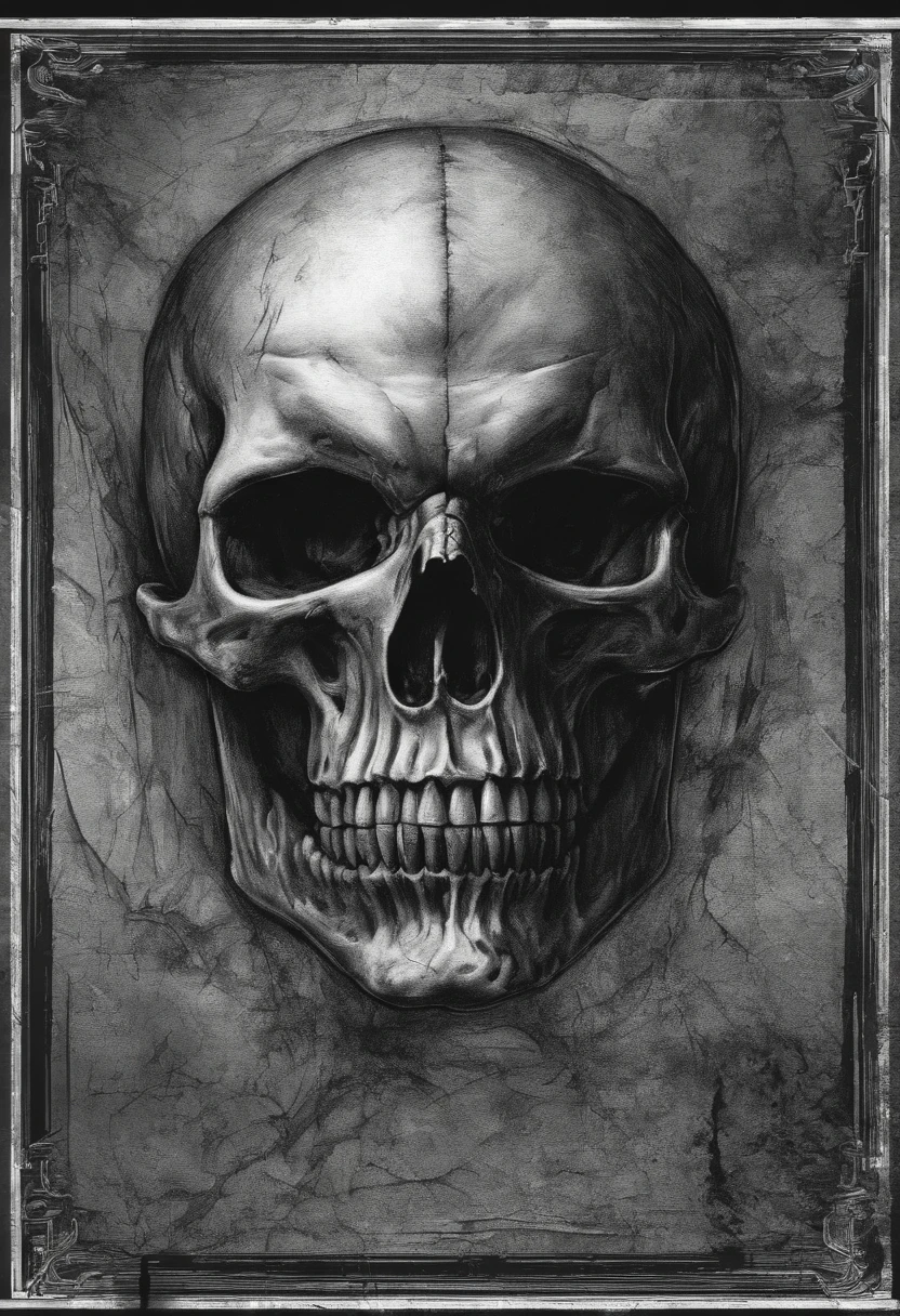 A sketch drawing of the character Angus Young skull, hyper-realistic, artistic, tudo preto e branco
