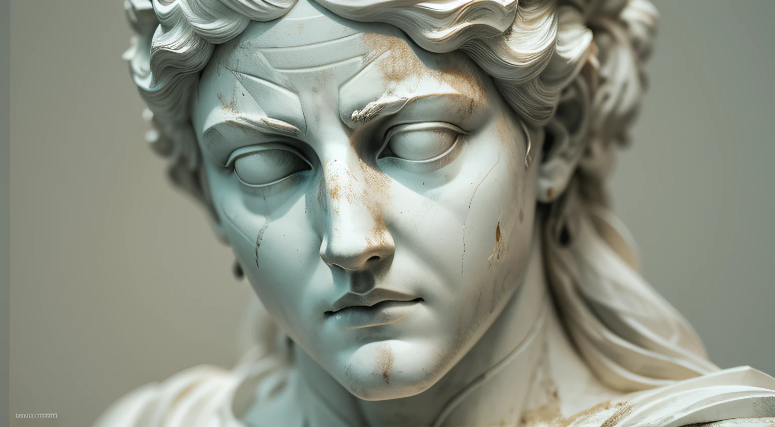 Greek statue of Seneca marble portrait of the Greek goddess Eos face in a destroyed place, Cinematography, epic light and shadow, muito contraste, fotografia profissional