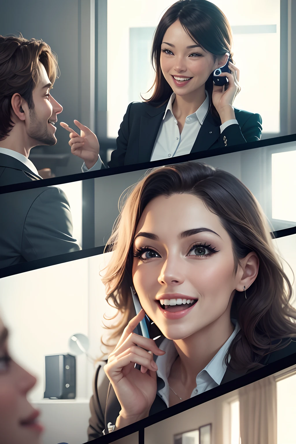 A room with several happy realtors talking on the phone