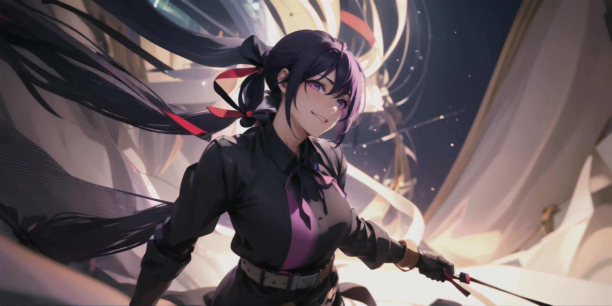 himejima akeno, (black hair, long hair, ponytail, ribbon:1.7), purple eyes,bodysuit, belt, 1girl, gloves, breasts, solo, looking_at_viewer, black_gloves, mecha, cyberpunk art, epic art, glow effects, godrays, Hand drawn, render, 8k, octane render, cinema 4d, blender, dark, atmospheric 4k ultra detailed, cinematic, Sharp focus, big depth of field, Masterpiece, colors, 3d octane render, 4k, concept art, trending on artstation, hyperrealistic, Vivid colors, extremely detailed CG unity 8k wallpaper, trending on CGSociety, Intricate, High Detail, dramatic, pubic hair, excessive pubic hair,