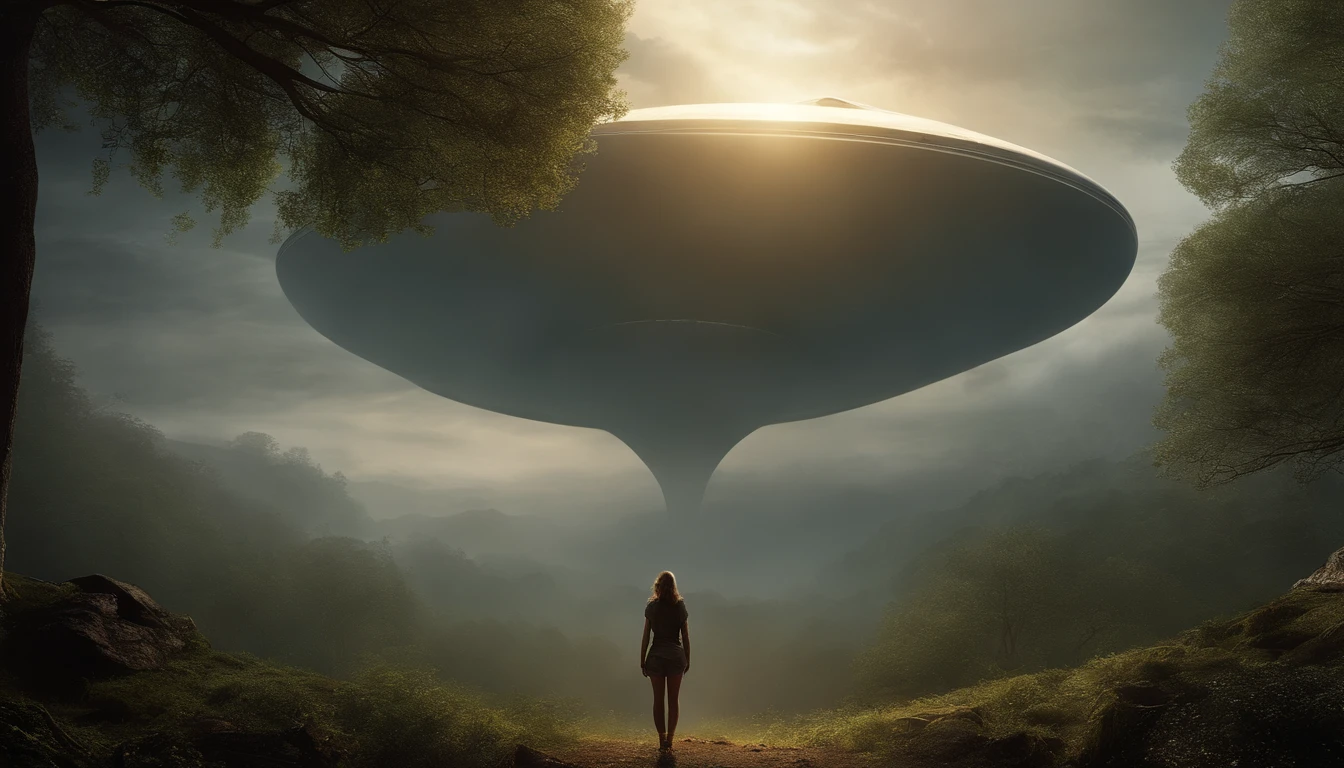 Uma , who stands in the middle of a forest and is kidnapped by a gigantic alien in the sky, (OVNI), Hiper-realismo interestelar, holossonia, Afinidade-Foto, Directed by: Fyodor Vasilyev, Anamorphotische explosions, abduction, Baumstadt, shine sky, Descobridor, Arquiteto Dreamscape, Paisagem estranha, Fantasia, O Estilo Hobbit, Paisagem, Sonho, Plano, Paisagem, science-fiction, Epic composition, futurista, Von Ridley Scott, Hiper-realista, de outro mundo, Von Abigail Larson, Directed by: Hubert Robert, von Chesley Bonestell