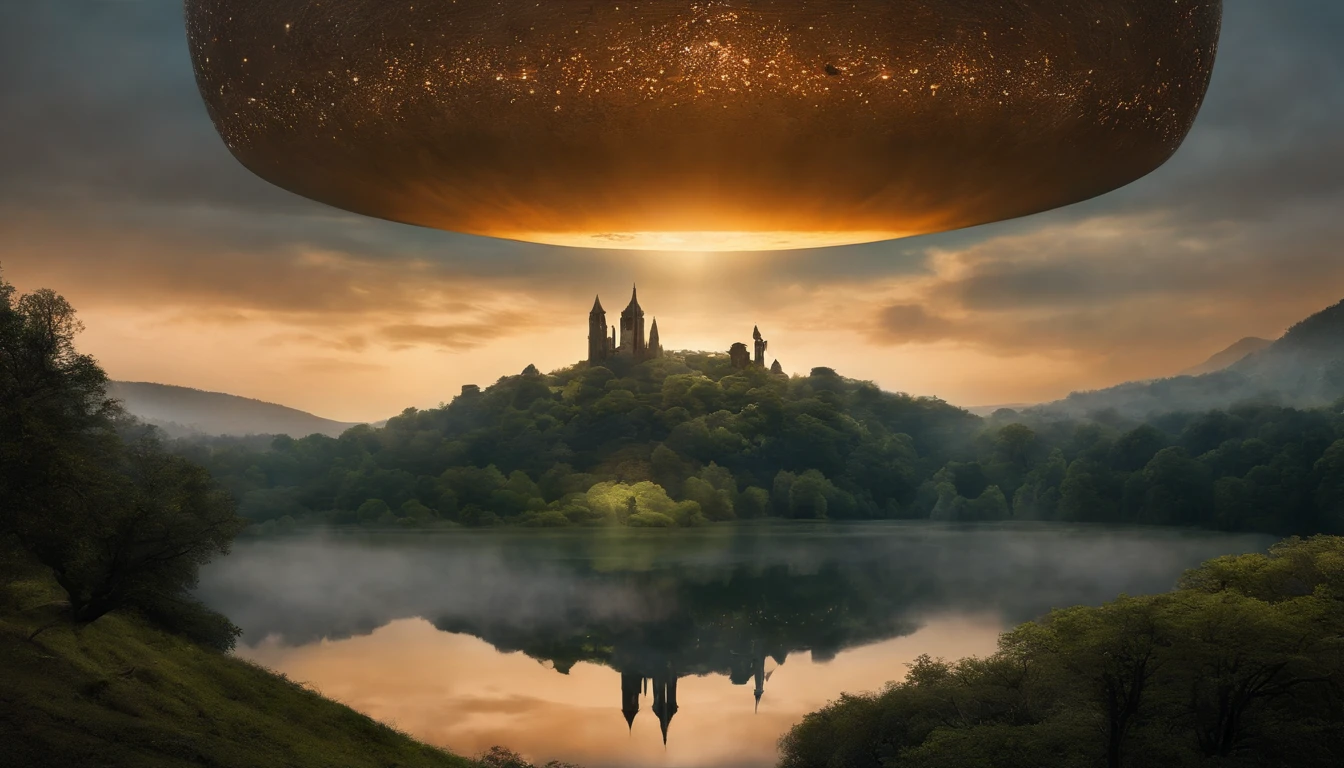 Uma , who stands in the middle of a forest and is kidnapped by a gigantic alien in the sky, (OVNI), Hiper-realismo interestelar, holossonia, Afinidade-Foto, Directed by: Fyodor Vasilyev, Anamorphotische explosions, abduction, Baumstadt, shine sky, Descobridor, Arquiteto Dreamscape, Paisagem estranha, Fantasia, O Estilo Hobbit, Paisagem, Sonho, Plano, Paisagem, science-fiction, Epic composition, futurista, Von Ridley Scott, Hiper-realista, de outro mundo, Von Abigail Larson, Directed by: Hubert Robert, von Chesley Bonestell