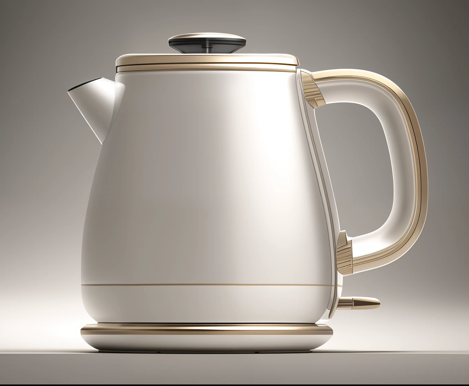 A highly detailed computer-generated 3D rendering of a kettle from a side view. The kettle should be portrayed as a 3D model with intricate details and realistic textures. The image quality should be of the best quality, with ultra-detailed features and a photorealistic appearance. The artwork should have a professional and vivid color palette, with sharp focus and fine details. The art style should be focused on showcasing the 3D rendering and highlighting its intricate details. The lighting should be carefully controlled to enhance the realism and highlight the shape and form of the kettle.