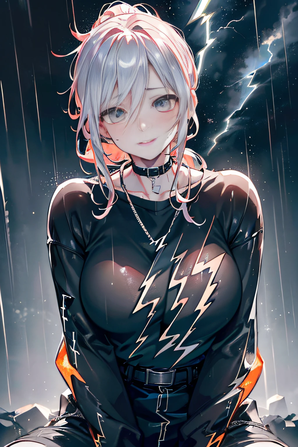 (Lightning illuminating the dark sky:1.7),Stormy night, (Rain pouring down on a tomboy:1.3),  creating a dramatic and moody atmosphere.
Drenched tomboy,piercings,Punk rock fashion,Open jacket with chain,Punk rock shirts,Punk rock pants with chain,Chain Accessories,a choker,(The whole body is soaking wet,Rainwater dripping from the face,Wet face,wetting hair,Wet and glowing skin,Soaking wet costumes,),(Glossy silver and orange two-tone hair,Short ponytail),(The composition of the princess's face,large full breasts,Pointed lips,red lipsticks,Cute round face,A smile that makes the viewer happy,blushing with embarrassment,red blush,),Bold sexy poses,crouching down,
(in 8K, Raw photo, Best Quality, masutepiece,),(Realistic,Extreme detail photo,Digital SLR,),(Image Mode Ultra HD),