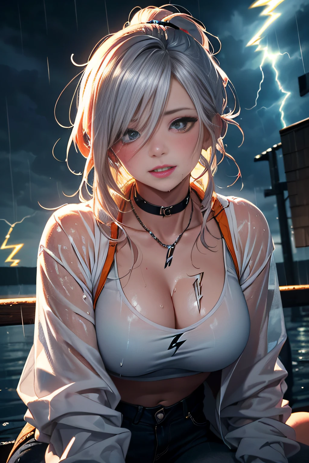 (Lightning illuminating the dark sky:1.7),Stormy night, (Rain pouring down on a tomboy:1.3), creating a dramatic and moody atmosphere.
Drenched tomboy,piercings,Punk rock fashion,Open jacket with chain,Punk rock shirts,Punk rock pants with chain,Chain Accessories,a choker,(The whole body is soaking wet,Rainwater dripping from the face,Wet face,wetting hair,Wet and glowing skin,Soaking wet costumes,),(Glossy silver and orange two-tone hair,Short ponytail),(The composition of the princess's face,large full breasts,Pointed lips,red lipsticks,Cute round face,A smile that makes the viewer happy,blushing with embarrassment,red blush,),Bold sexy poses,crouching down,
(in 8K, Raw photo, Best Quality, masutepiece,),(Realistic,Extreme detail photo,Digital SLR,),(Image Mode Ultra HD),