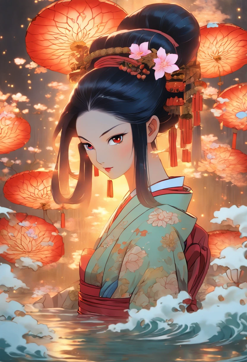 (((Izanami))),woman,Black hair,,Japanese woman, Lunar Entourage, Feudal Japan, water, underwater, Shui Mo Hua, lotus, Chinese painting style, Thangka style, master piece, lunar light, depth of field, best quality