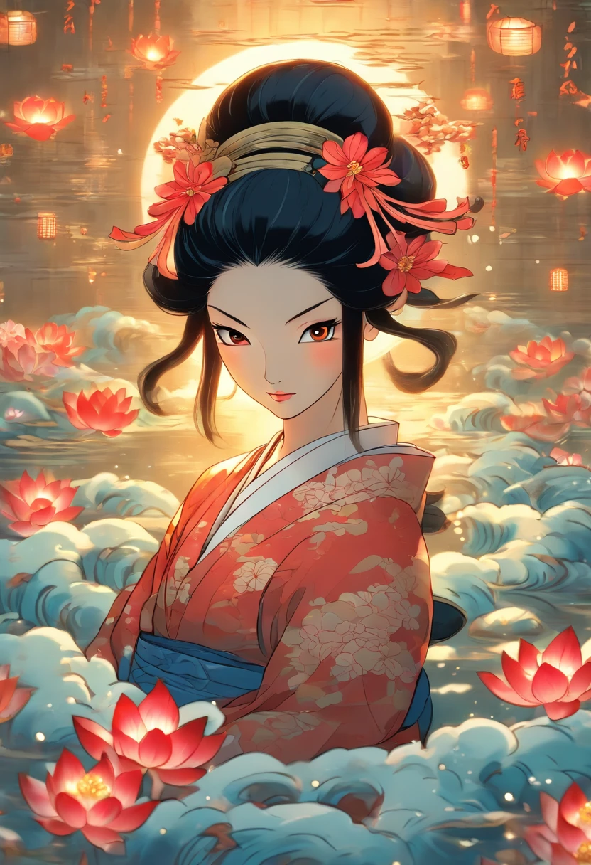 (((Izanami))),woman,Black hair,,Japanese woman, Lunar Entourage, Feudal Japan, water, underwater, Shui Mo Hua, lotus, Chinese painting style, Thangka style, master piece, lunar light, depth of field, best quality