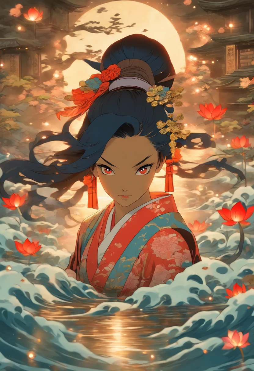 (((Izanami))),woman,Black hair,,Japanese woman, Lunar Entourage, Feudal Japan, water, underwater, Shui Mo Hua, lotus, Chinese painting style, Thangka style, master piece, lunar light, depth of field, best quality