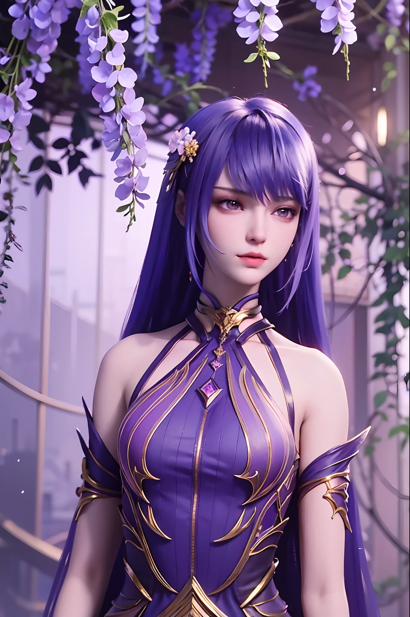 Under the wisteria tree stood a woman in a light purple dress。。, Lady with glowing floral tulle dress, inspired by Igor Kieryluk, It is covered with fleshy purple and light purple, inspired by Wadim Kashin, by Russell Dongjun Lu, inspired by Yanjun Cheng, inspired by Hsiao-Ron Cheng, Beautiful digital artwork, inspired by Ray Caesar
