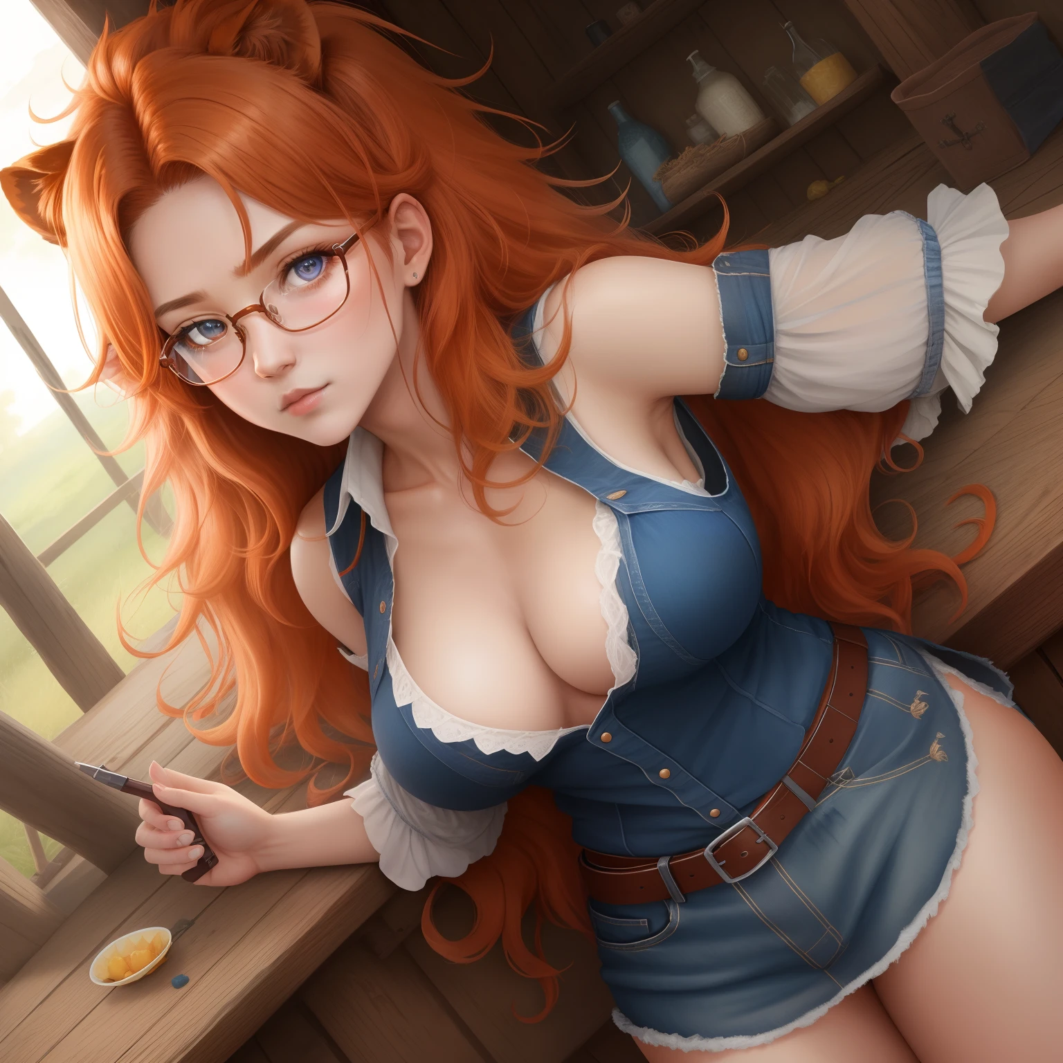 8k, masterpiece, best quality, realistic, higly detailed, cowboy shot, 1girl, solo, itsuki, serious looking girl, medium-length hair, expressive ahoge, reddish-orange hair, a pair of star-shaped hairpins near both of her eyes, dark blue eyes, average height, well-endowed figure, glasses, cute, lion of pride