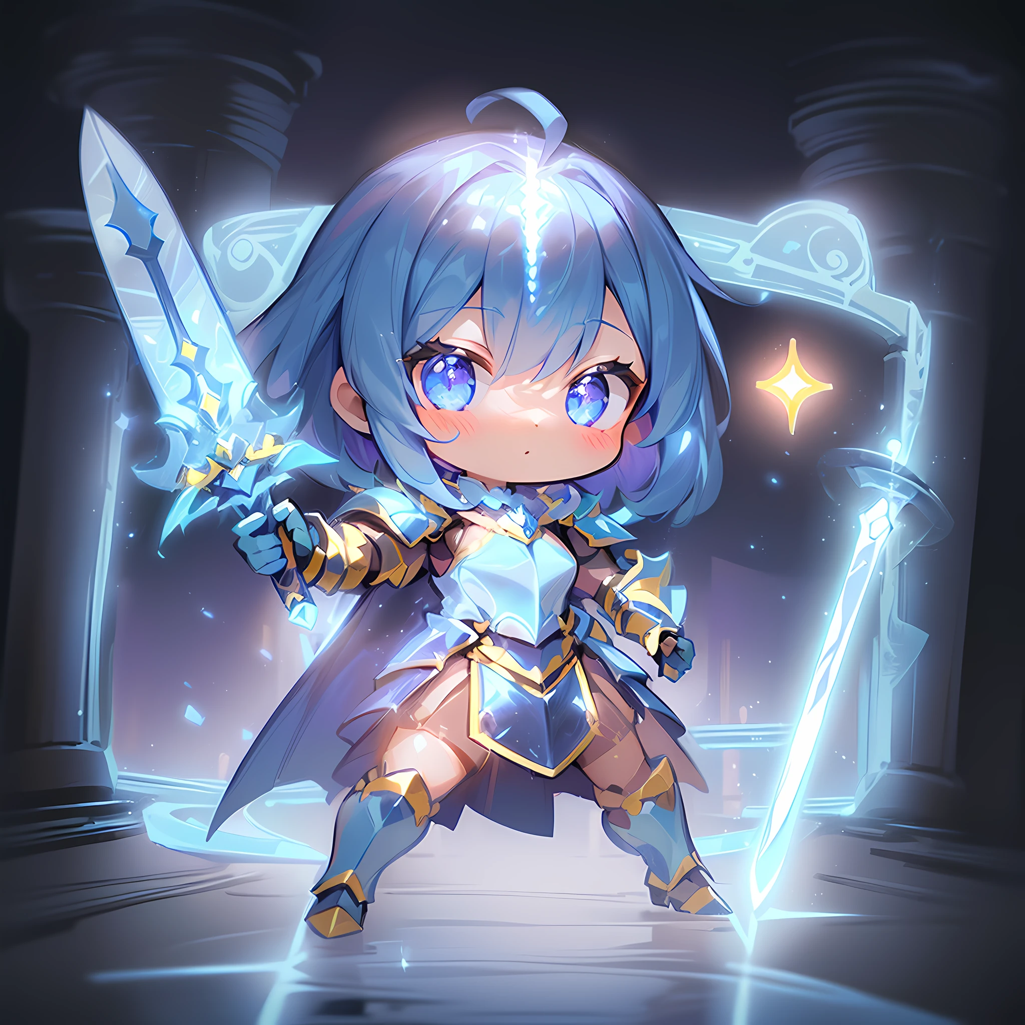 (Sapphire Masterpiece 1.3), (Best Quality), (ultra-detailliert), (girl with), (((Solo))), Cool, Full body, (With the Sword of Paladin:1.10), Ahoge, (Paladin Armor:1.4), (Dynamic Pose:1.6), (((Chibi Character))), (((Deformed))), (Sparkle effect:1.3), (Pillar of Light:1.5), (aura:1.5), (Night Field:1.3), (Alternative Fantasy Worlds:1.1) ,(Blue background)