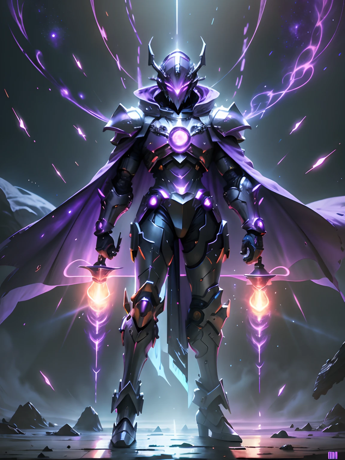 Purple space knight, super cool space knight, wearing purple mechanical armor, red fire surrounding, magical spells, burning green flames in his hands, proficient spells, magic formation pattern, full body photo, perfect body proportions, tall figure, with a veil, super detail, realistic, shiny, reflective, bioluminescent, galactic cybernetics mask, mecha, (executioner: 1.2), cape, SH4G0D, GlowingRunes_red, full body, movie, dark background, backlight, high contrast, purple galaxy head, galaxy face, stars in head, no helmet