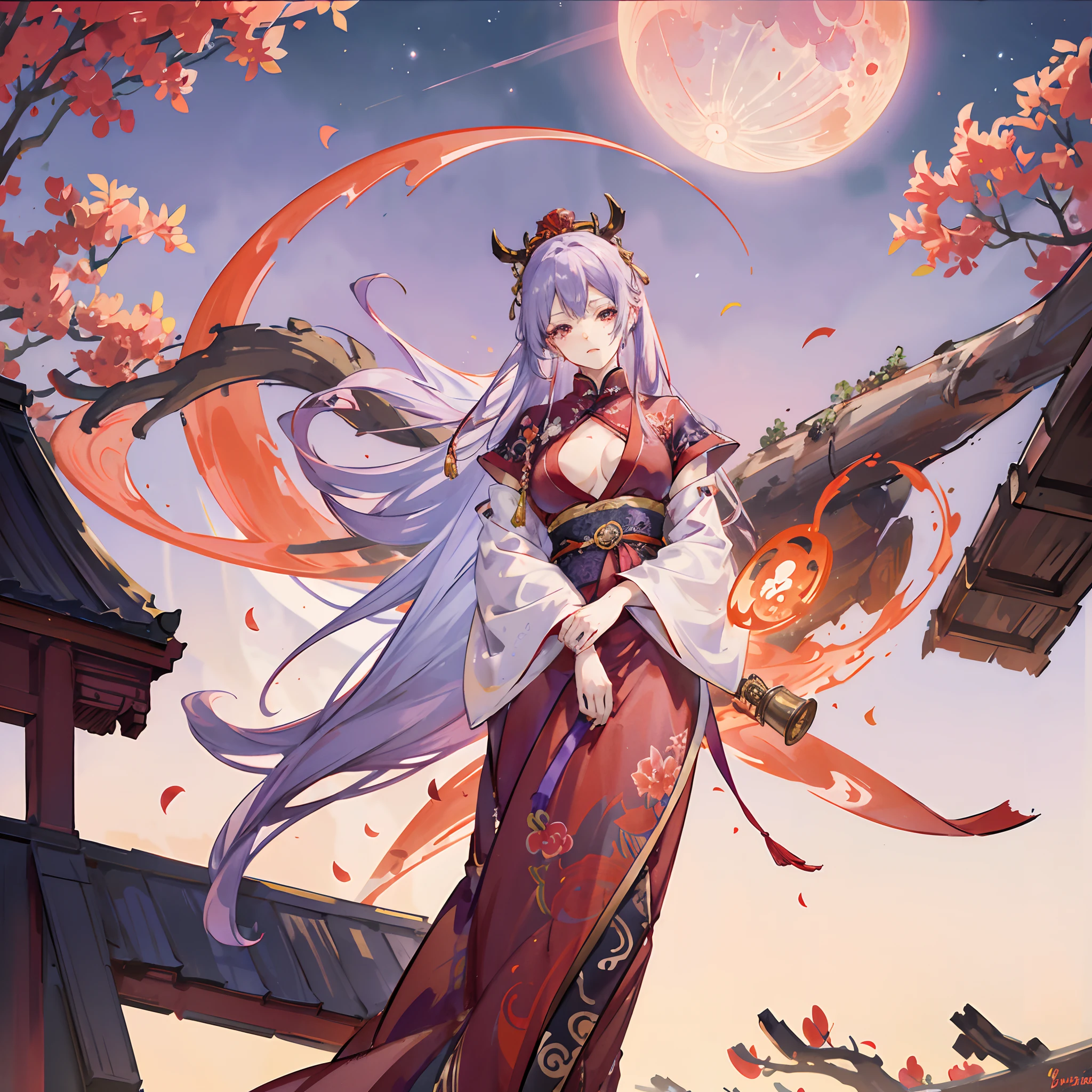 Lavender coloured hair, bright red Eyes, oni , wearing a old Chinese clothes, one hand on the, standing far from the camera, stars in the background with the full red moon, nobody else, long hair. sitting on a thrown, detailed eyes, anime, Smoking Churchwarden pipe, looking down on us, god of the moon, big tits,