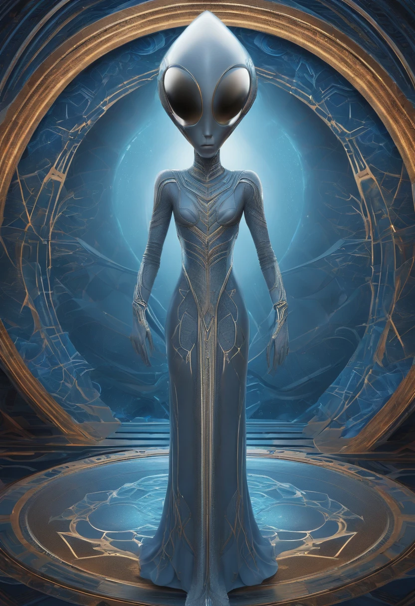 "Please create an image of a gray but silver blue shaped alien scientist in cartoon style wearing futuristic clothing standing in front of a blue background. The image should be digital art inspired by Andrei Kolkoutine, Tumblr, psychedelic art and sacred geometry. The alien scientist is in the spiritual dimension, where the form is psychedelic and composed of sacred geometry. He is a portal of energy. Please take into consideration art references from Dan Mumford and Alex Grey, as well as elements of DMT entities, alien music, and LSD art."