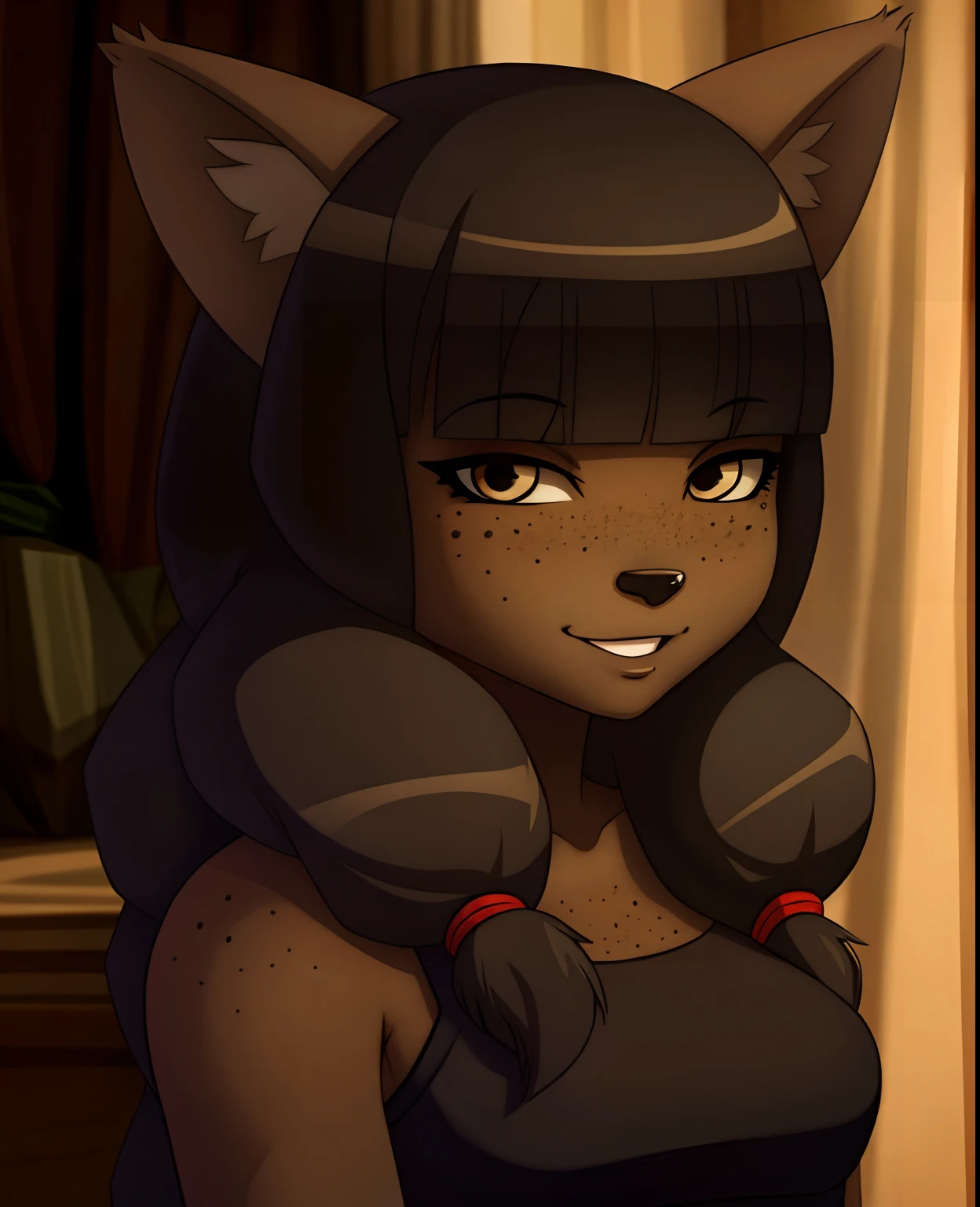 1girl, dark skin, cat ears, bangs, long hair, freckles, full body