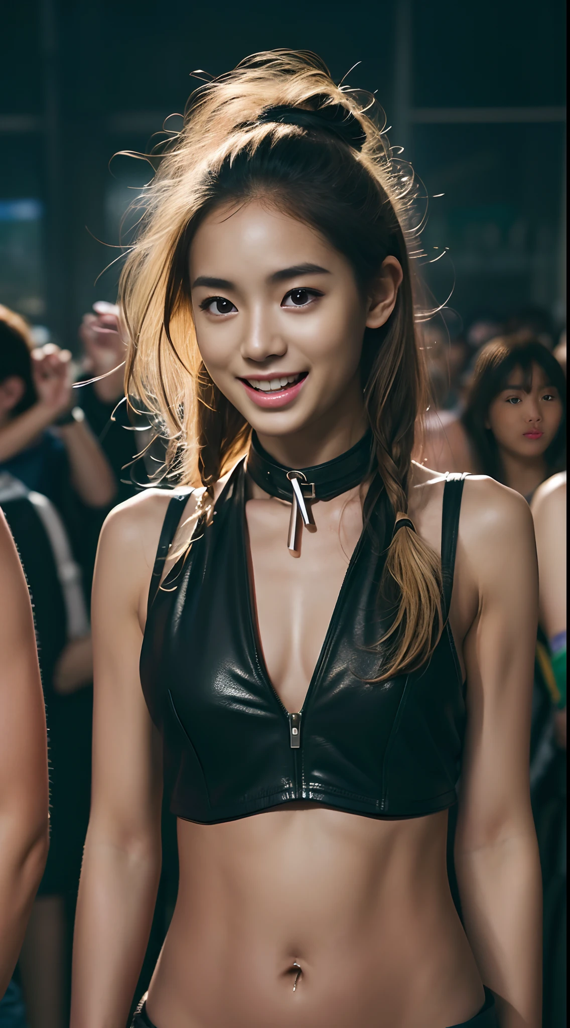 (masutepiece:1.2), ultra-detailliert, 超A high resolution, (Realistic, photographrealistic:1.37), high-definition RAW color photography, professional photograpy, extremely delicate and beautiful, Extremely detailed, finely detail, Huge file size, highly detailed beautiful girl, extra detailed face, extremely detailed eye, highlydetailed skin, highly detailed nose, highly detail mouth, Perfect Anatomy, Highly detailed background, Shiny skin, (a famous actress of Japan:1.2), (gals:1.25), flat chest, (Brown race, Dark skin, a blond:1.55), Dynamic lighting, (Full body), (nffsw:1.2), Rave makeup, Leather vest、Exudes an aura of charm with confident and stylish poses,(Laugh:1.3),
