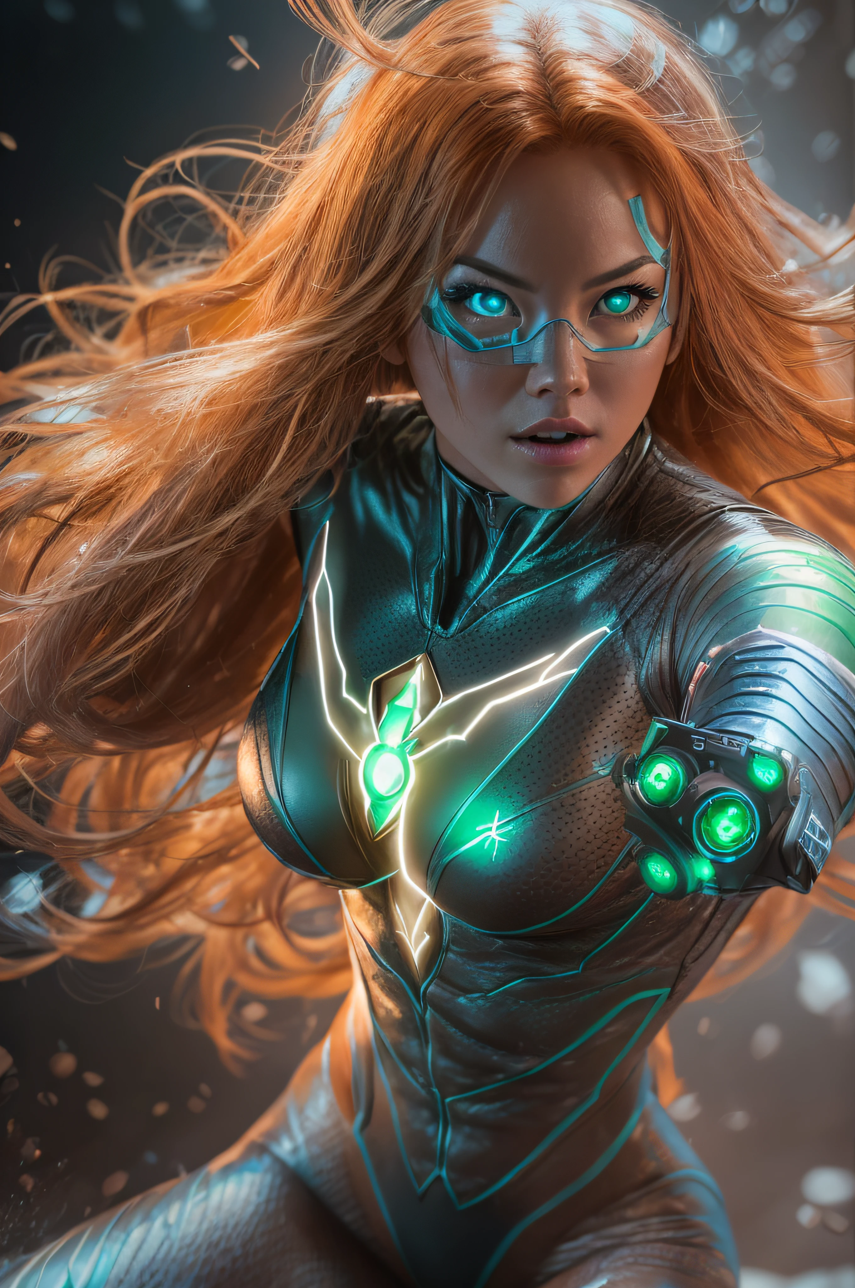 A full body of a naked human long-orange-haired female, big busted, an ice-blue-eye-mask ice-blue/green lantern in action. She is fighting semo-naked against an Alien-spider. masterpiece, best quality, photo-realistic, 8k, high resolution, 350 tele lens detailed brown skin, 8k uhd, dslr, soft lighting, high quality, film grain, Fujifilm XT3, full body