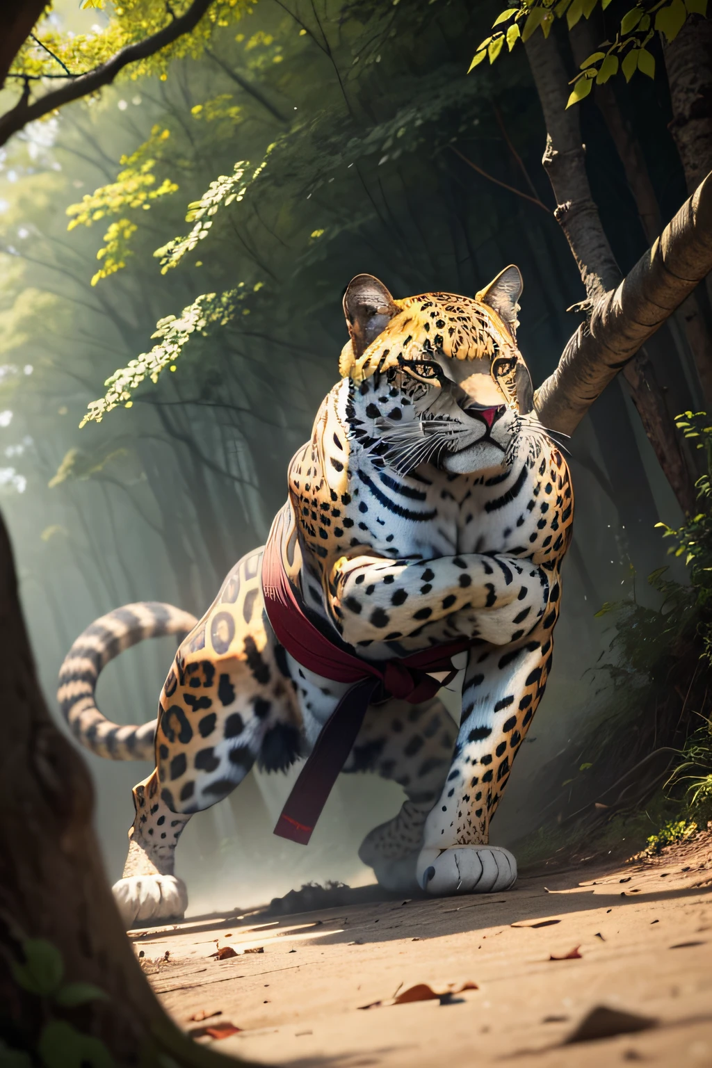 Photo of a male jaguar standing, saindo de dentro da mata, with leaves and branches of trees still covering their faction, The jaguar is an alpha male that comes out of the leaves, pushing with their front paws the leaves that hinder their vision, That male jaguar, She appears to have almost unearthly physical strength and is dressed in a white jiujitusu kimono with a black and red warrior emblem on the upper left side of the gi, This jaguar is in slow motion and attack, Coming my way, um olhar penetrante que chega a dar arrepios no seu oponente, A look from someone who wants to do a Jiu Jitsu submission move.