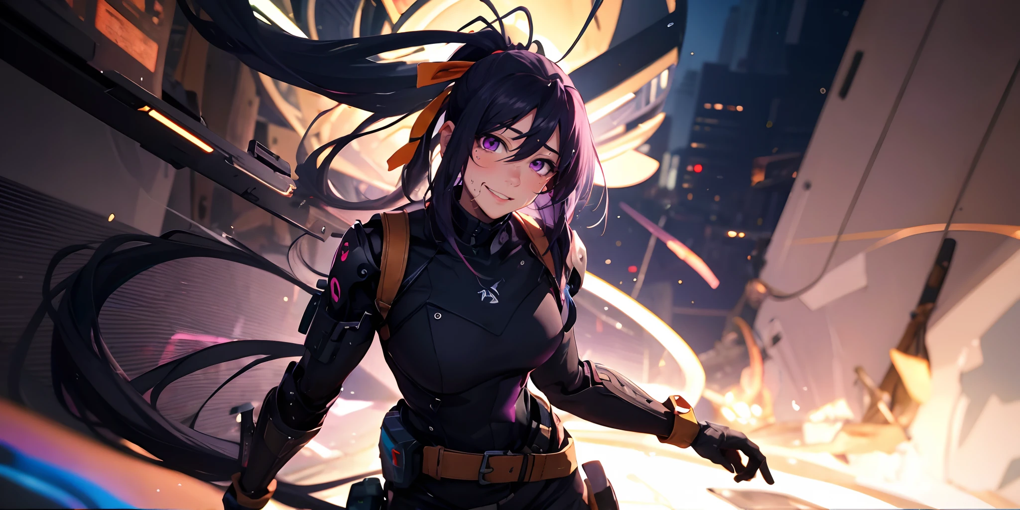 himejima akeno, (black hair, long hair, ponytail, ribbon:1.7), purple eyes,bodysuit, belt, 1girl, gloves, breasts, solo, looking_at_viewer, black_gloves, mecha, cyberpunk art, epic art, glow effects, godrays, Hand drawn, render, 8k, octane render, cinema 4d, blender, dark, atmospheric 4k ultra detailed, cinematic, Sharp focus, big depth of field, Masterpiece, colors, 3d octane render, 4k, concept art, trending on artstation, hyperrealistic, Vivid colors, extremely detailed CG unity 8k wallpaper, trending on CGSociety, Intricate, High Detail, dramatic, pubic hair, excessive pubic hair,