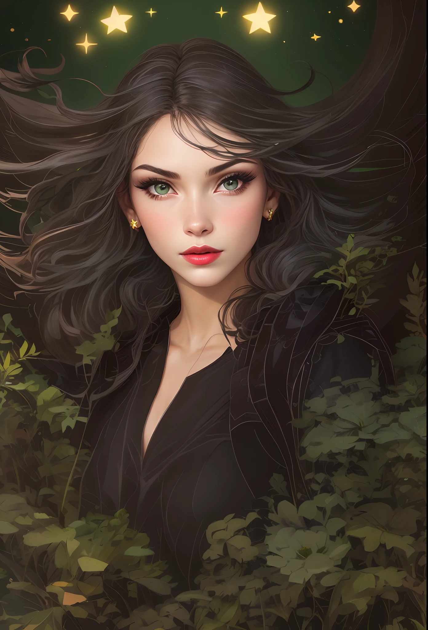 Rosto de uma deusa da floresta: mulher de cabelo preto, floreste coloridas, reddened lips,  noire estrelada, olhor verdes