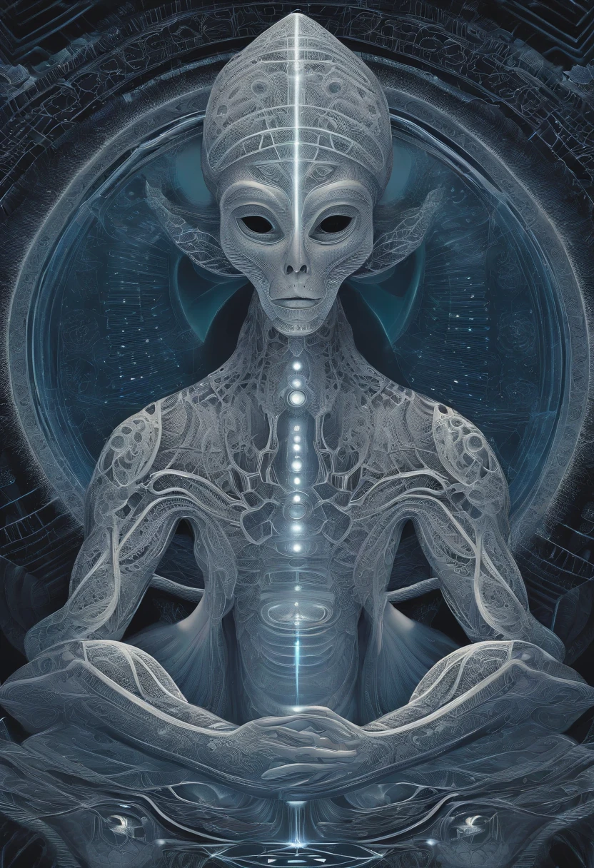 "Please, Create an image of an alien scientist in grey but gray format in cartoon style wearing futuristic outfit standing in front of a blue background. A imagem deve ser uma arte digital inspirada em Andrei Kolkoutine, Tumblr, psychedelic art and sacred geometry. The alien scientist is in the spiritual dimension, where the form is psychedelic and composed of sacred geometry. He is a portal of energy. Por favor, consider art references from Dan Mumford and Alex Grey, bem como elementos de entidades de DMT, alien music and LSD art.”