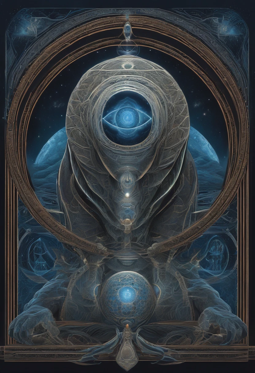 "Please, Create an image of an alien scientist in grey but gray format in cartoon style wearing futuristic outfit standing in front of a blue background. A imagem deve ser uma arte digital inspirada em Andrei Kolkoutine, Tumblr, psychedelic art and sacred geometry. The alien scientist is in the spiritual dimension, where the form is psychedelic and composed of sacred geometry. He is a portal of energy. Por favor, consider art references from Dan Mumford and Alex Grey, bem como elementos de entidades de DMT, alien music and LSD art.”