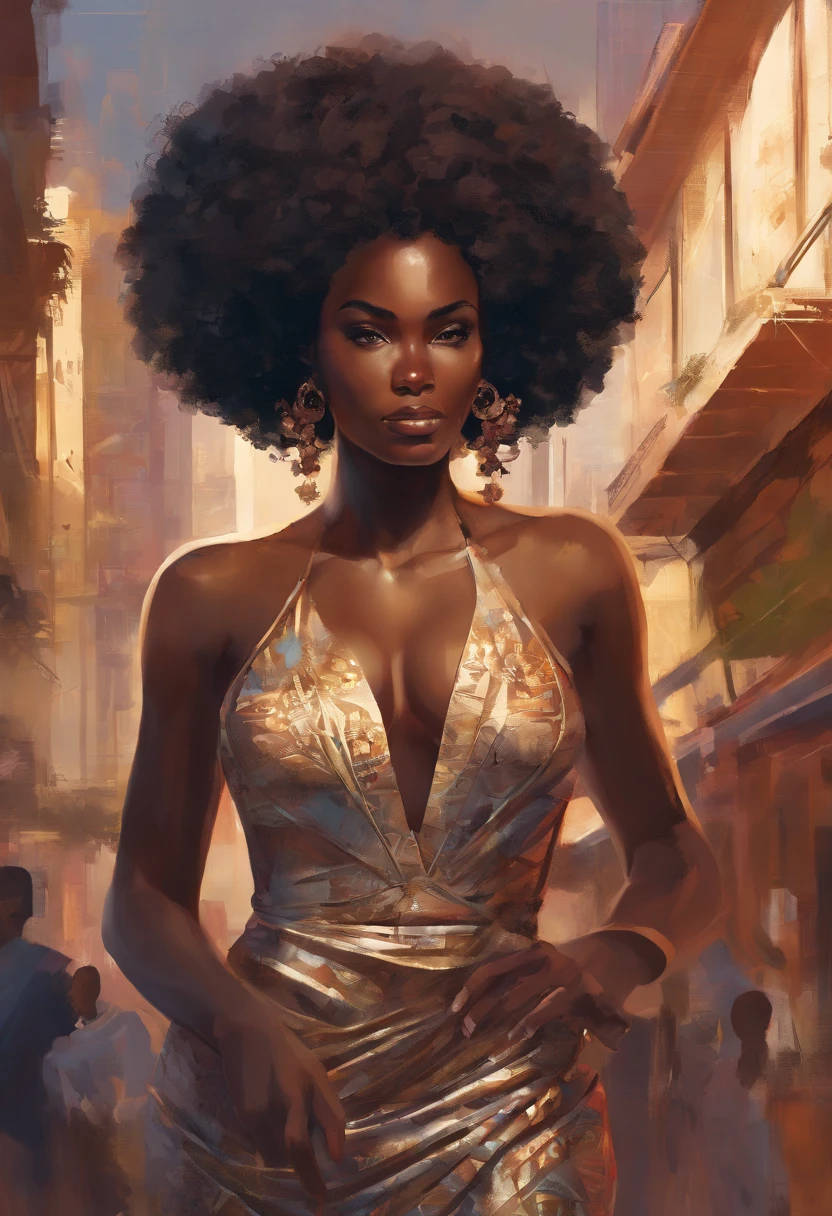 A black African woman with an afro hairstyle is standing on the street. She has a confident and powerful presence, with her expressive eyes and captivating smile drawing attention. Her body is curvaceous and full-figured, with big breasts and a thick physique. The woman is completely naked, but she is wearing a see-through dress that drapes sensually over her body, highlighting her curves. The dress is made of a delicate and elegant fabric that allows a glimpse of her skin, adding a touch of allure to her appearance.

The image quality of the artwork is of the highest standard, with a resolution of 4k or 8k. Every detail, from the texture of the fabric to the strands of the woman's hair, is meticulously rendered. The artwork achieves a realistic and photorealistic style, capturing the essence of the scene with precision.

The color palette of the image is vibrant and vivid, accentuating the richness of the woman's skin tone and the translucency of the dress. Warm earthy tones dominate the scene, creating a sense of warmth and intimacy. The lighting is carefully designed to enhance the woman's features, with a soft and diffused glow illuminating her face and body. The overall composition of the artwork exudes a sense of confidence, beauty, and empowerment, capturing the essence of the black African woman in all her glory.

[Portrait] The artwork focuses on depicting the physicality and beauty of the black African woman, celebrating her unique features and individuality. The portrait style emphasizes the woman's facial expressions and features, capturing the depth of her emotions and experiences.

[Street scene] The setting of the artwork is a vibrant urban street, with people bustling in the background. The street adds an element of realism and context to the scene, showcasing the woman's presence in a public space.

[Confidence] The woman's posture and expression exude confidence and self-assurance. She carries herself with pride and grace, radiating strength and em