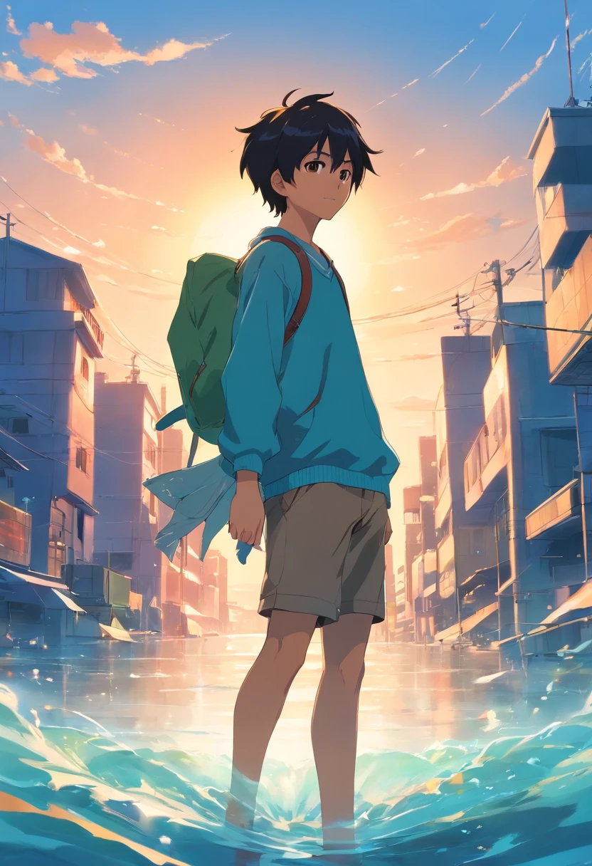 A boy with,Incarnate anime style,Exaggerated unique facial features and clothing,Walk on the water with ripples,Backlit background protruding main body,High-contrast colors,4K HD quality,年轻,ssmile,Handsome