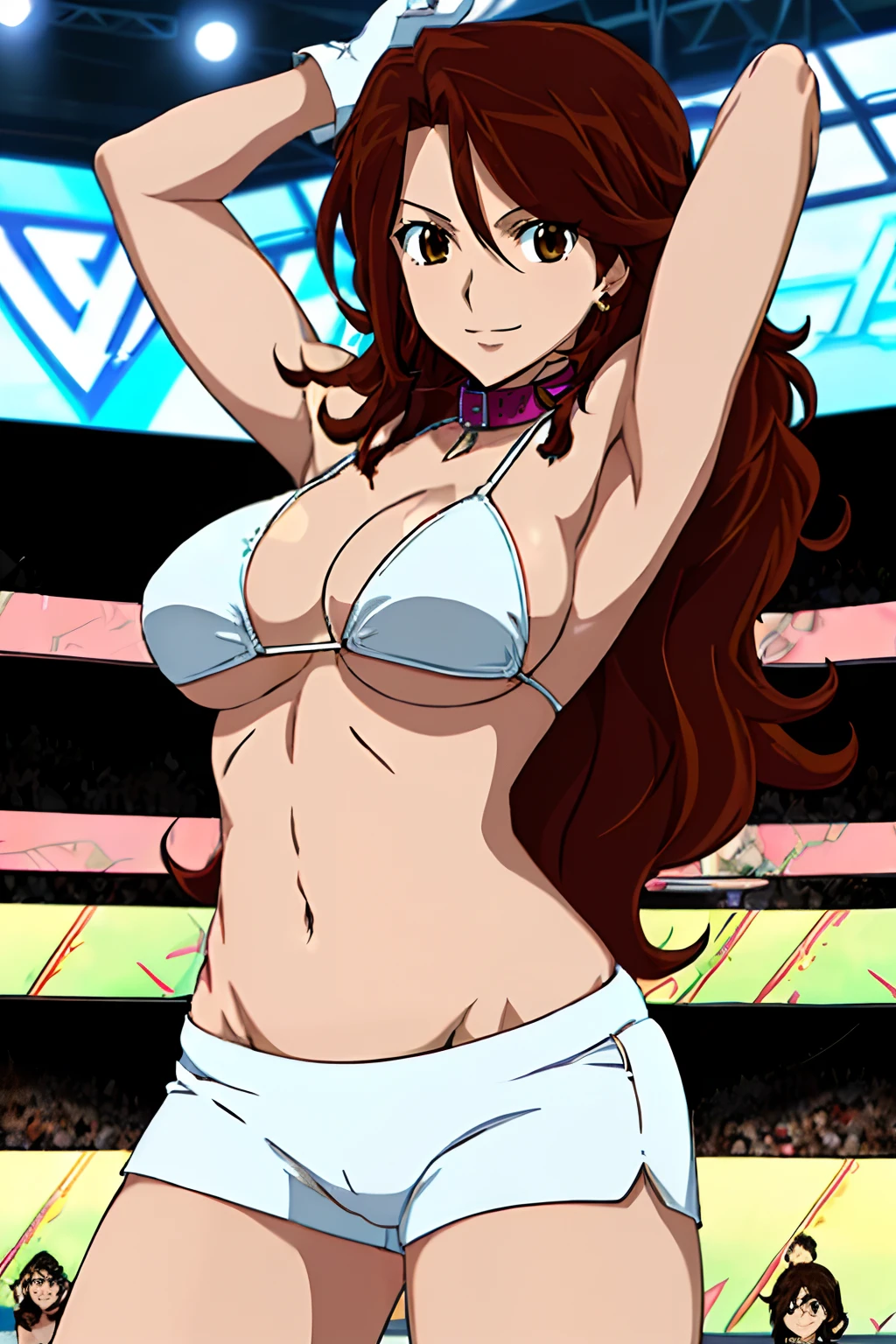 (wwe diva), cowboy shot, body view, anime style: 1.8, anime drawing, ultra detailed face, ultra detailed body, 4k, Sumergai Lee Noriega, (standing), best quality, anime style, hires, highest definition, digital blending, bold drawing lines, ((wwe diva), (location: wrestling arena, crowds watching), ( slim body, little biceps, thighs, off-shoulders, (curvy: 2.8)), ((white bikini, shorts, groin, , white gloves, collar)), victorious, winner, gentle, (big breasts, smile), (big eyes, brown eyes), (clapping), (brown hair, loose hair, curly hair, wavy hair, long hair, missy hair), 27 years old, (flexing both arms)