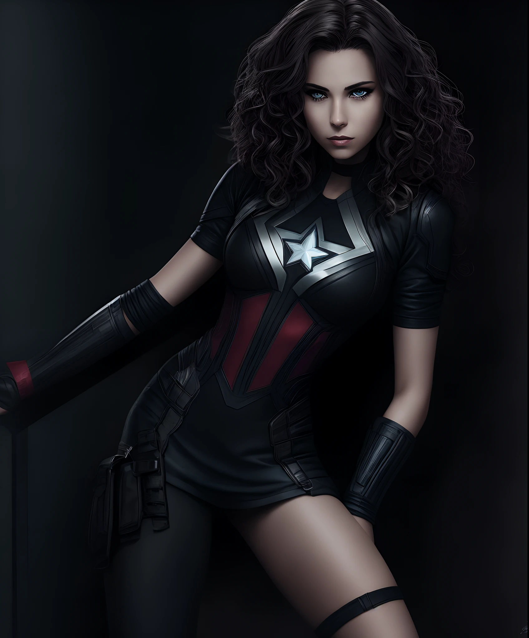 a female, she looks like and poses like a character from the MARVEL COMICS, her hair is curly and the hair length is long, hair color is dark brunette, her eyes are FULLY white and NO pupils, her eyes are all white COMIC MARVEL ART style, full body picture