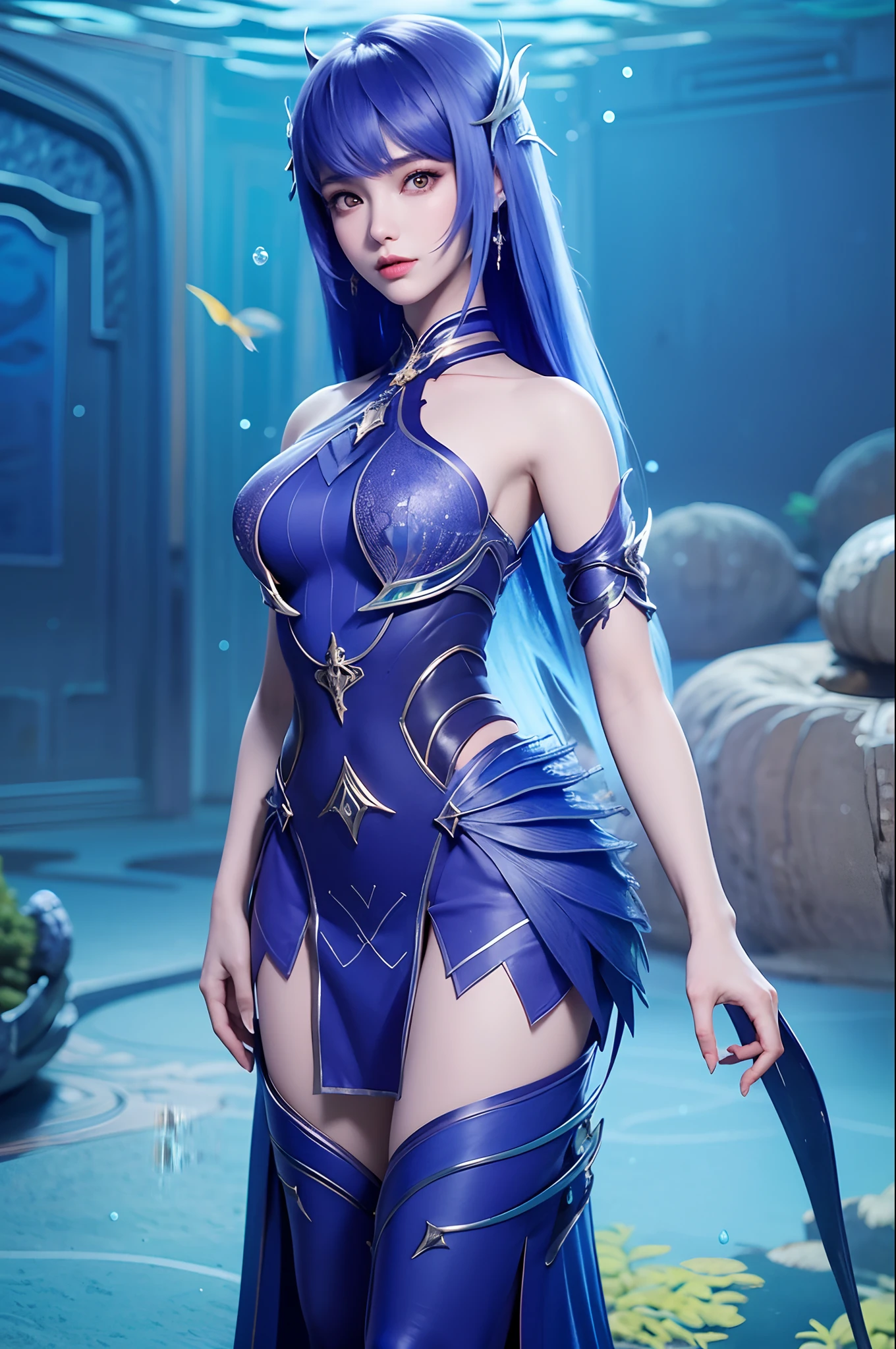 Menina coreana de 25 anos,1个Giant Breast Girl,menina no topo, Mergulho, s o rosto perfeito, Olhos eBlue, renda, mergulhar,deep underwater,Shuixia,quebrar,tons de azul,(((cercado de peixes))) full body, purple hair,