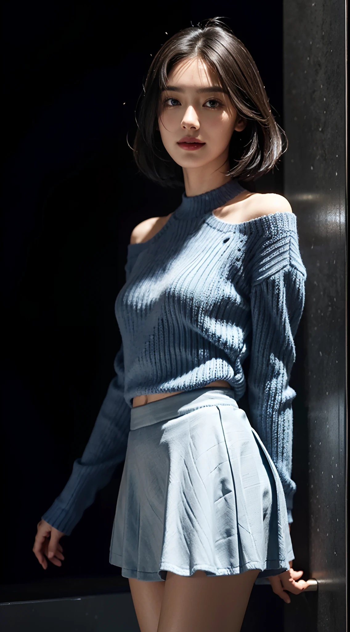 (shoulder length straight short black hair: 1.3), （Extremely meticulous CG 8k wallpaper），（Extremely refined and beautiful），（Masterpiece），（best qualtiy：1.0），（Ultra High Resolution：1.0），beautiful light up，Perfect lightning，realistic shaded，[A high resolution]，Smooth and flawless fair skin，Extremely exquisite facial details，（perfect body：1.1），ultra - detailed，A beautiful girl，small head，(Small breasts:1.1)，Flat chests，slim，thin，Smile，cheerfulness，(blue sweater:1.5），（blue skirt:1.3),suspendering stockings,Slender legs,(Black military boots:1.2),standing,(Well-cut abdominal muscles:1.2),In elevator, bright lights,Portrait photo,close shot,cowboy shot,upper body