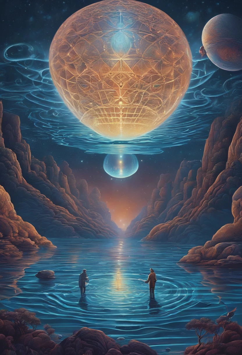"Por favor, Create an image of an alien scientist mixing aquatic but gray fish in cartoon style wearing futuristic clothes in front of a blue background. A imagem deve ser uma arte digital inspirada em Andrei Kolkoutine, Tumblr, psychedelic art and sacred geometry. The alien scientist is in the spiritual dimension, where the form is psychedelic and composed of sacred geometry. He is a portal of energy. Por favor, consider art references from Dan Mumford and Alex Grey, bem como elementos de entidades de DMT, alien music and LSD art."