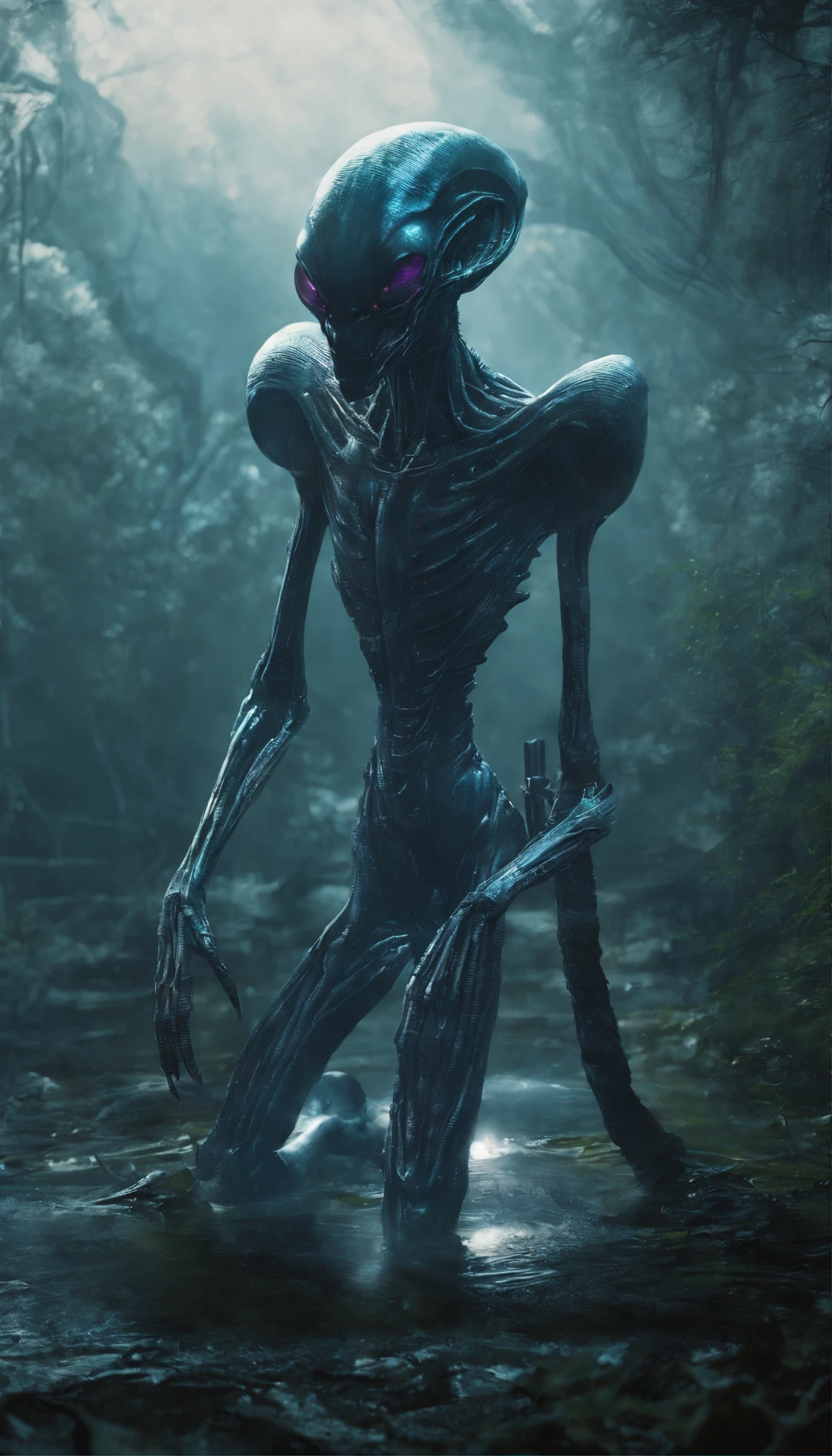 film effect,high definition detail,Jay HD wallpaper,offcial art,A translucent humanoid creature,The body glows,Walk on the water and reflect,Woods weeds,light and shadow effect,Stunning scene,closeup cleavage