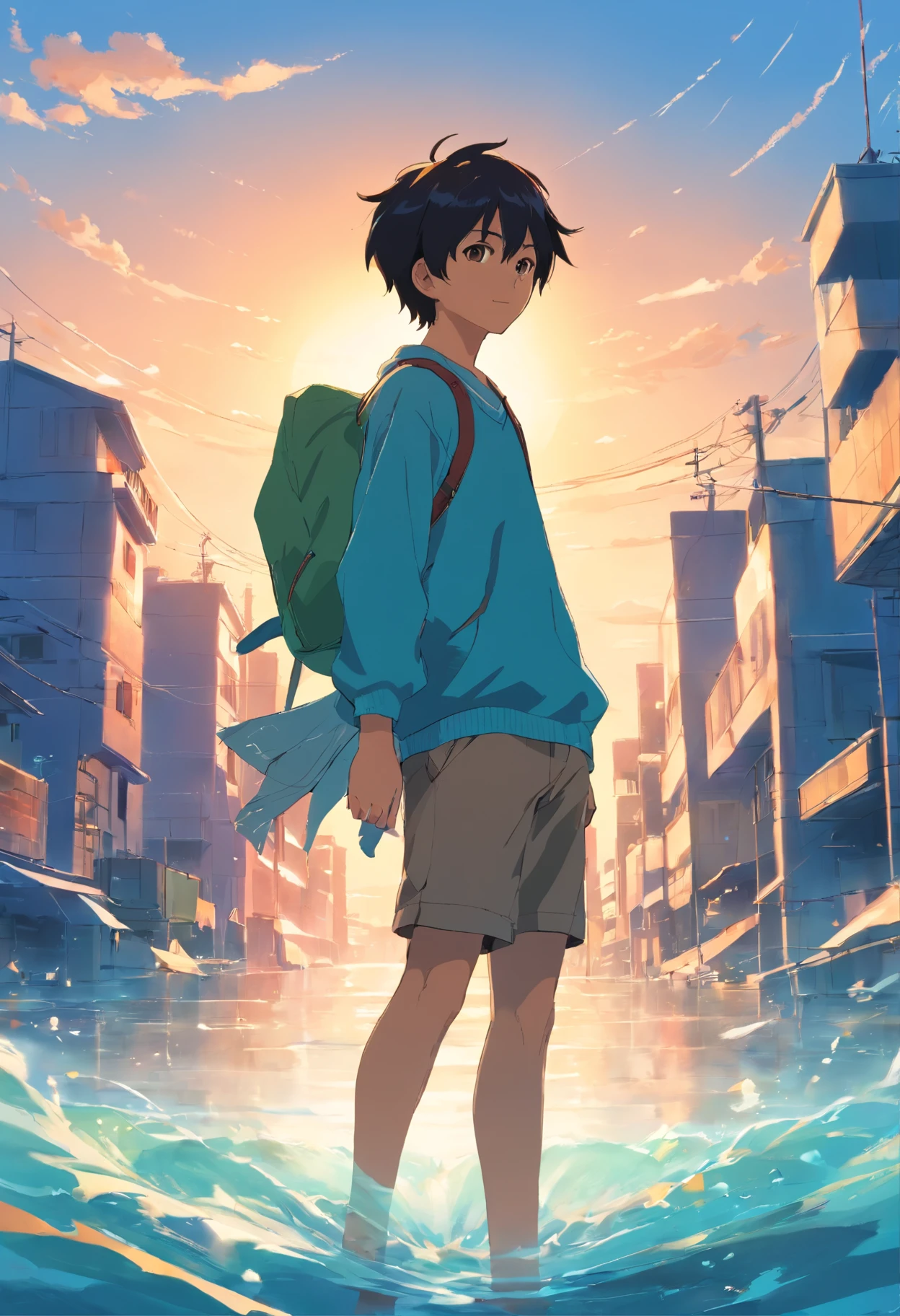 A boy with，Incarnate anime style，Exaggerated unique facial features and clothing，Walk on the water with ripples，Backlit background protruding main body，High-contrast colors，4K HD quality，年轻，ssmile，Handsome