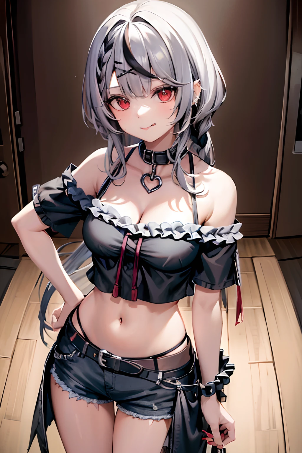 8k, highres, ultra detailed, (masterpiece:1.4), best quality, 1girl , akanbe , animal collar , asymmetrical hair , black hair , black shirt , braid , cleavage , clothing cutout , collar , cowboy shot , cowlick , denim shorts , double-parted bangs , frills , grey hair , hair ornament , hand on own hip , indoors , leaning forward , leash , long hair , looking at viewer , medium breasts , midriff , multicolored hair , off-shoulder shirt , piercing , pov , red eyes , red nails , short shorts , shoulder cutout , side braid , single braid , standing , streaked hair , tongue out , tongue piercing , x hair ornament