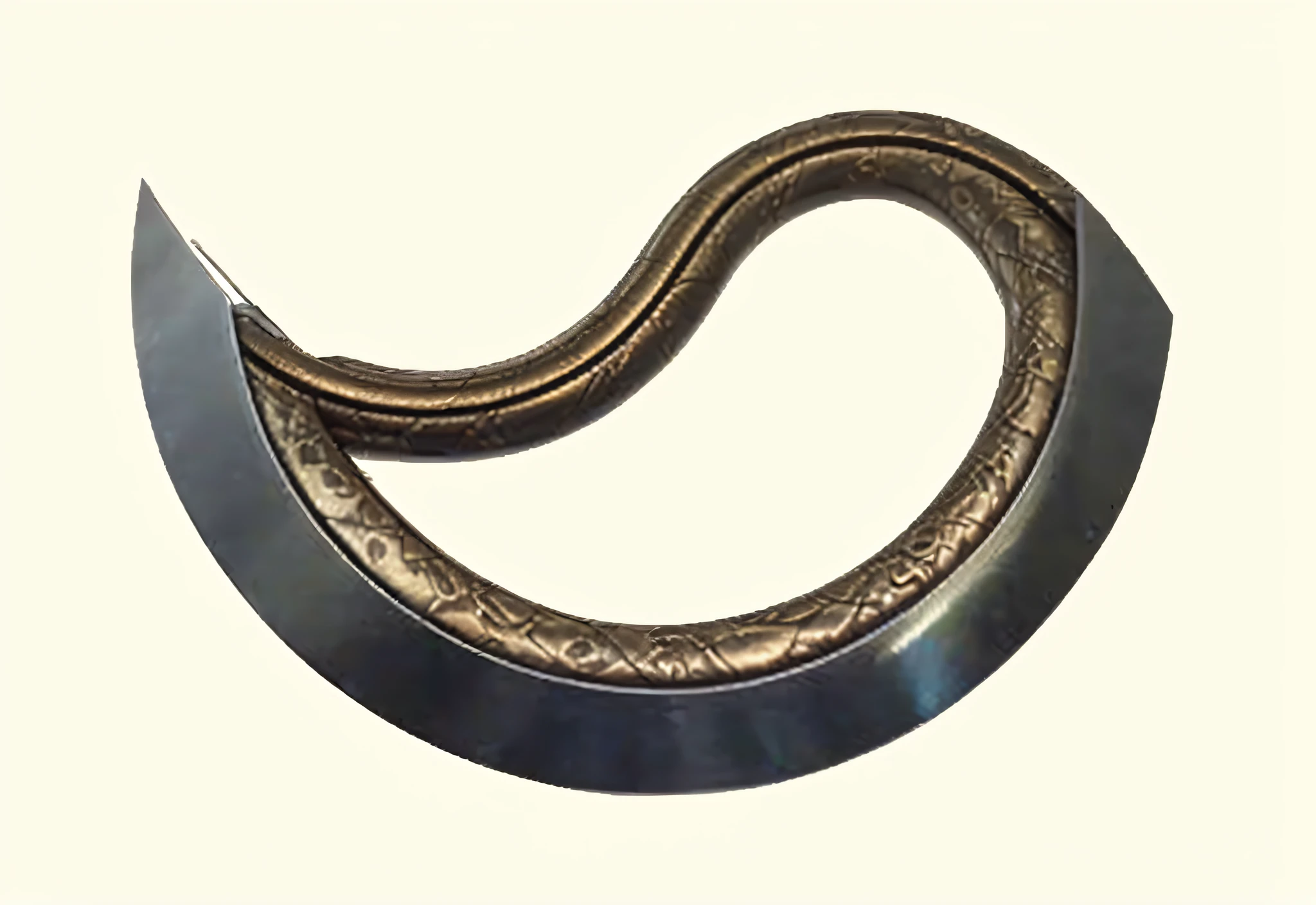 There is a metal object with a curved design on it, metal dragon tail, sickle, curved sword, gorget, Metal tail, mobius strip shaped planet, Shepherd's liar, Animal Corner, serpent, Ouroboros, Snake, metal neck rings, smooth shank, golden art nouveau scythe blade, neck rings, Dragon tail, battleaxe, steel collar