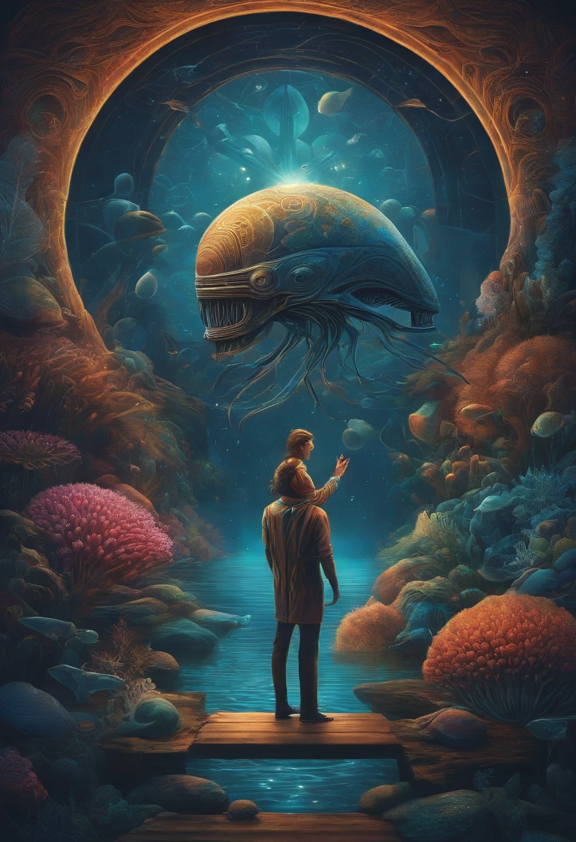 "Por favor, Create an image of an alien scientist mixing aquatic fish, mas cinzas em estilo de desenho animado usando roupas futuristas na frente de um fundo azul. A imagem deve ser uma arte digital inspirada em Andrei Kolkoutine, Tumblr, psychedelic art and sacred geometry. The alien scientist is in the spiritual dimension, where the form is psychedelic and composed of sacred geometry. He is a portal of energy. Por favor, consider art references from Dan Mumford and Alex Grey, bem como elementos de entidades de DMT, alien music and LSD art."