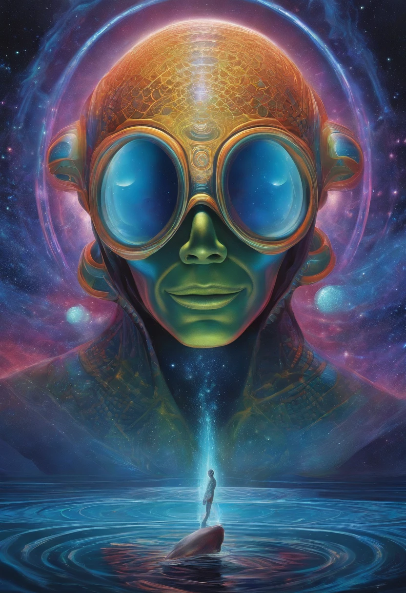 "Por favor, Create an image of an alien scientist mixing aquatic fish, mas cinzas em estilo de desenho animado usando roupas futuristas na frente de um fundo azul. A imagem deve ser uma arte digital inspirada em Andrei Kolkoutine, Tumblr, psychedelic art and sacred geometry. The alien scientist is in the spiritual dimension, where the form is psychedelic and composed of sacred geometry. He is a portal of energy. Por favor, consider art references from Dan Mumford and Alex Grey, bem como elementos de entidades de DMT, alien music and LSD art."