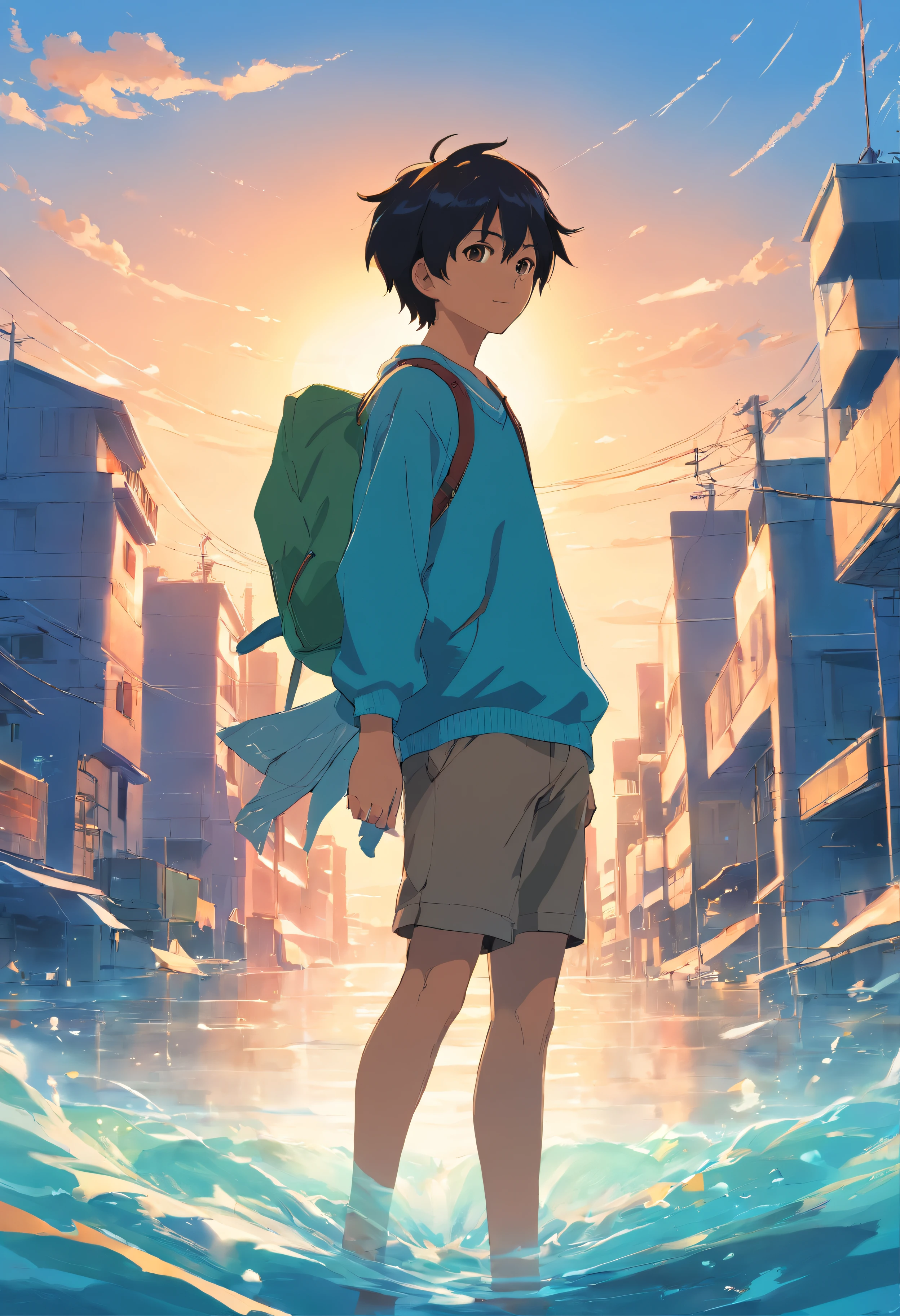 A boy with,Incarnate anime style,Exaggerated unique facial features and clothing,Walk on the water with ripples,Backlit background protruding main body,High-contrast colors,4K HD quality,年轻,ssmile,Handsome