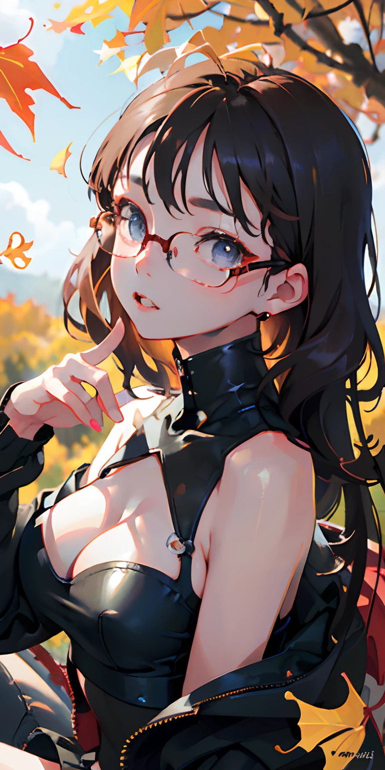 realisticlying、girl with、Outdoor Fashion、Autumn leaves Autumn leaves、Beautiful ginkgo tree、Wearing glasses, Breasts slightly larger、Emphasizes cleavage、Sexy Posing、Nature views