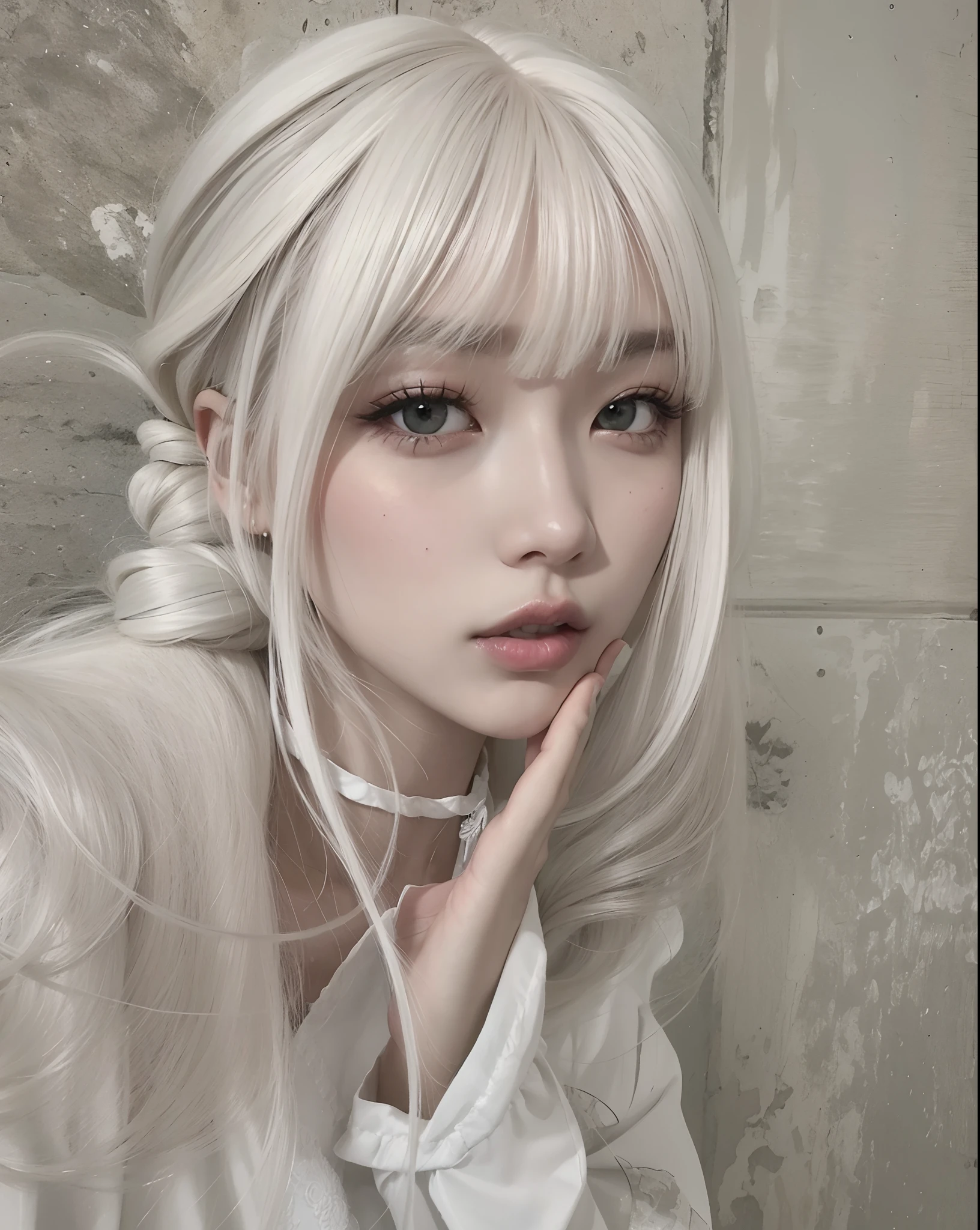 mulher de cabelos loiros com cabelos brancos e um casaco branco posando para uma foto, franja branca, longos cabelos brancos e franja, cabelo franja branca cabelo, cabelos brancos rosto bonito, Arte no estilo de Guweiz, menina com cabelo branco, Ulzzang, franja branca, com cabelos longos brancos, pale milky white porcelain skin, Guweiz, porcelana pele branca