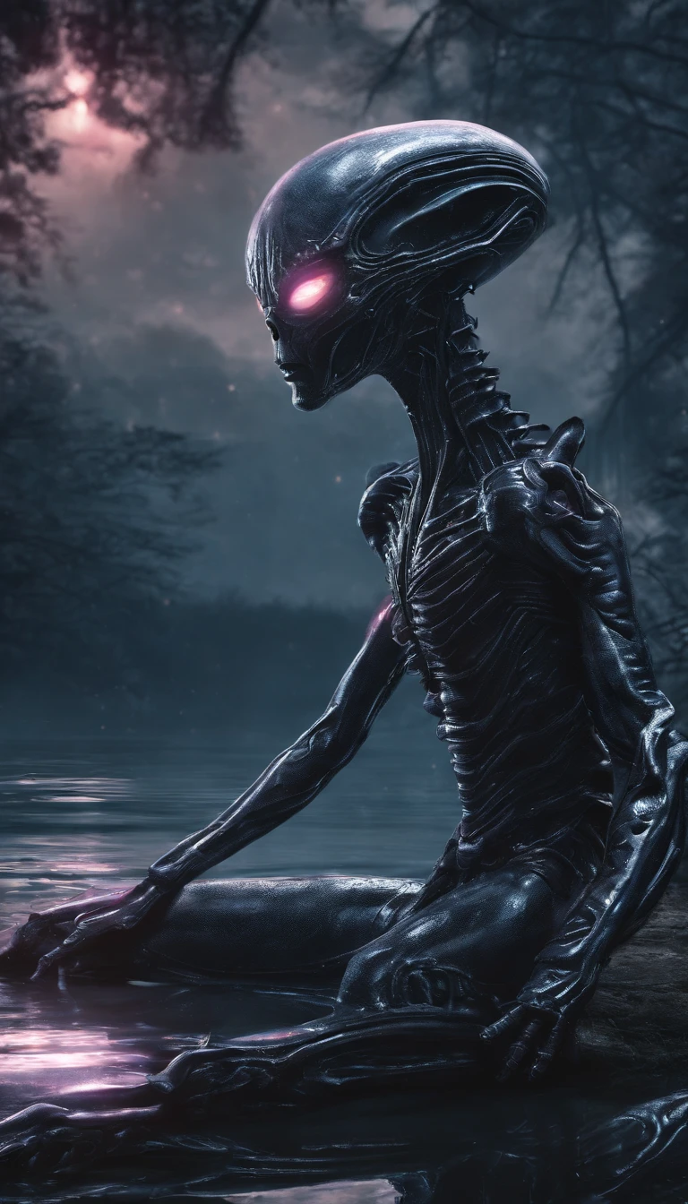 film effect,high definition detail,Jay HD wallpaper,offcial art,A translucent humanoid creature,The body glows,Walk on the water and reflect,Woods weeds,light and shadow effect,Stunning scene,closeup cleavage