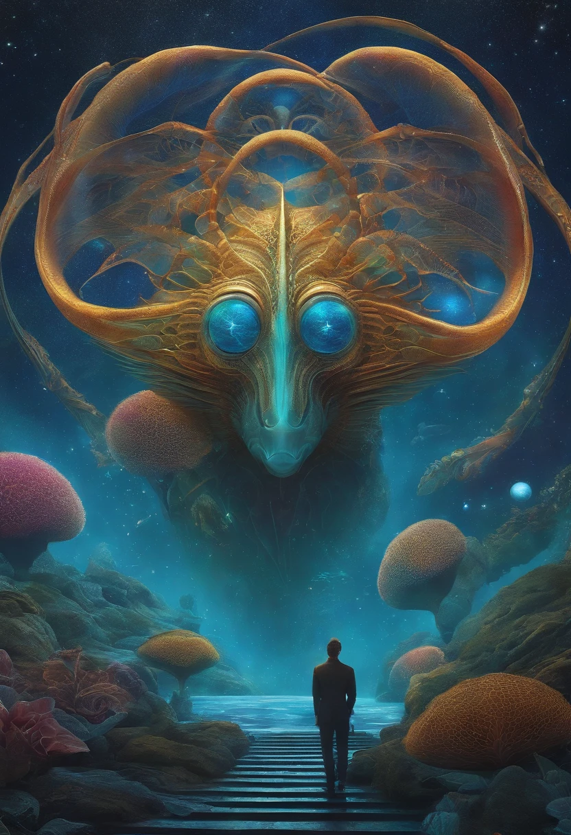 "Por favor, Create an Alien Scientist Dragon Extraterrestrial Image Mixing Aquatic Fish, mas cinzas em estilo de desenho animado usando roupas futuristas na frente de um fundo azul. A imagem deve ser uma arte digital inspirada em Andrei Kolkoutine, Tumblr, psychedelic art and sacred geometry. The alien scientist is in the spiritual dimension, where the form is psychedelic and composed of sacred geometry. He is a portal of energy. Por favor, consider art references from Dan Mumford and Alex Grey, bem como elementos de entidades de DMT, alien music and LSD art."