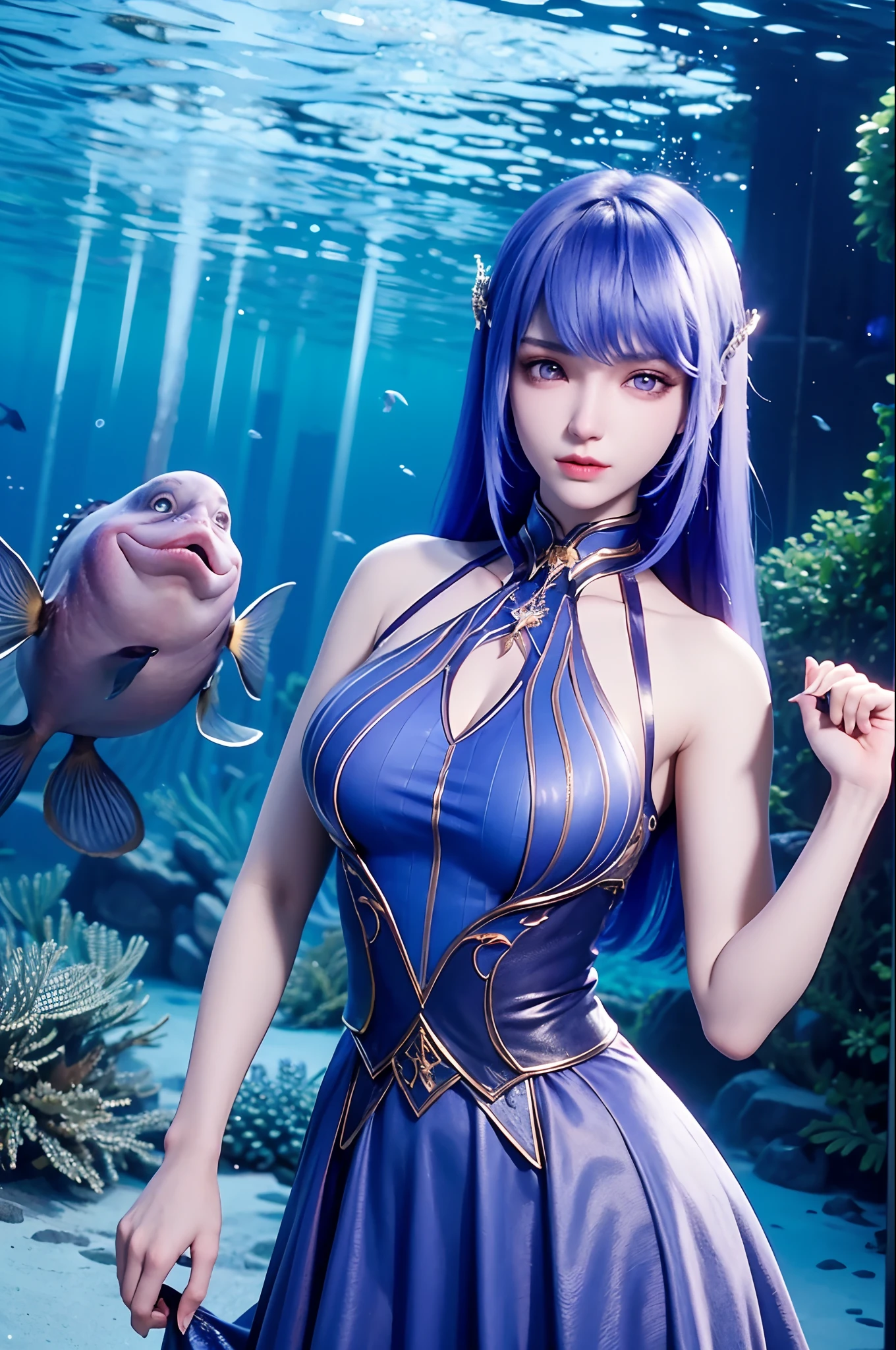 Menina coreana de 25 anos，1个Giant Breast Girl，menina no topo， Mergulho， s o rosto perfeito， Olhos eBlue， renda，  mergulhar，deep underwater，Shuixia，quebrar，tons de azul，(((cercado de peixes))) full body, purple hair,