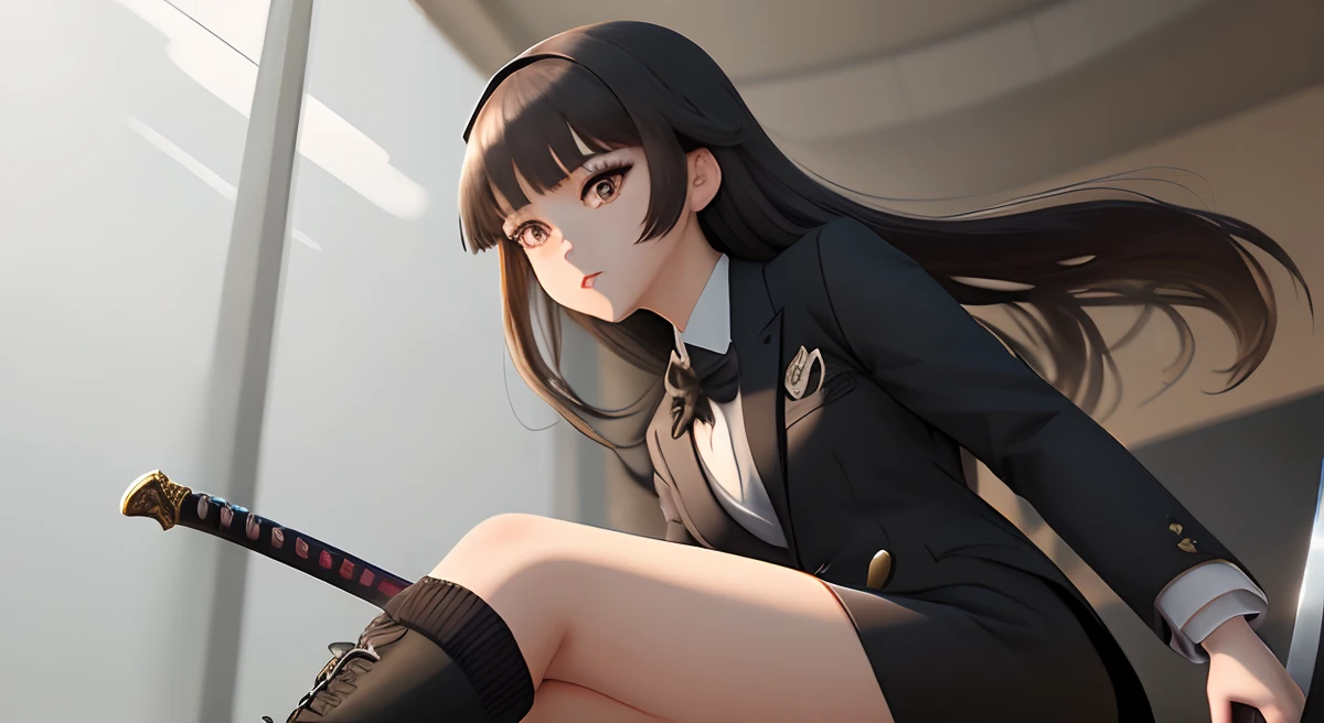 A girl character in the style of genshin impact with golden brown eyes, black eyeliner and eyeshadow, short black and dark brown hair with bangs, wearing a grey suit jacket and black dress. Wearing black knee high socks and black boots, holding a sword. Skin color white and fair.