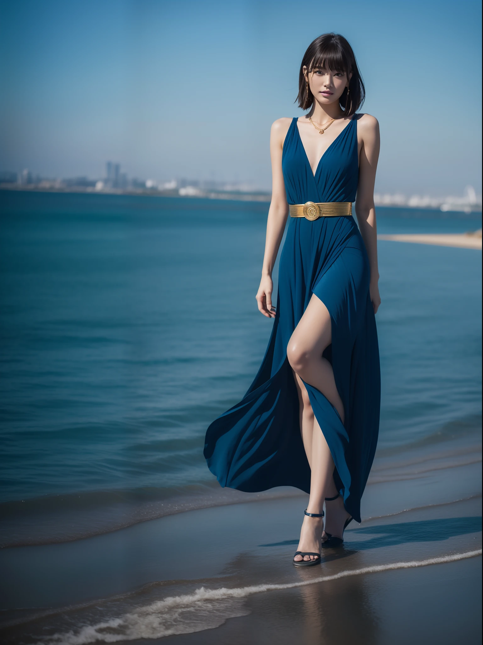 (Best Quality, 8K, 32K, masutepiece, nffsw:1.2),Photo of Pretty Japanese woman, 1girl in, (medium-short dark brown hair), 二重まぶた, Fashion Model, Beautiful legs, Maxi very wet blue dress with slit, Gold Belt, a necklace、Stand tall,、Full body, see through,Large-scale commercial facilities