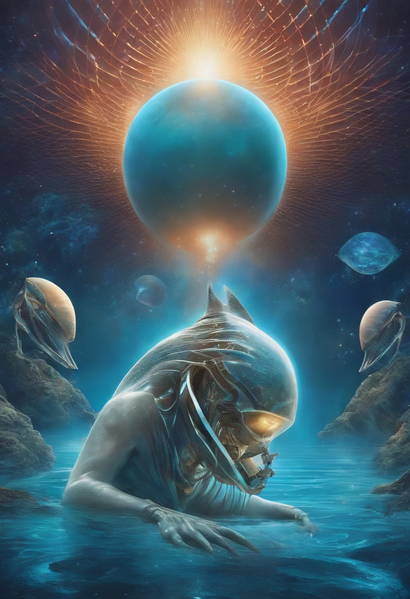 "Por favor, Create an image of an alien scientist mixing aquatic dolphin DNA, mas cinzas em estilo de desenho animado usando roupas futuristas na frente de um fundo azul. A imagem deve ser uma arte digital inspirada em Andrei Kolkoutine, Tumblr, psychedelic art and sacred geometry. The alien scientist is in the spiritual dimension, where the form is psychedelic and composed of sacred geometry. He is a portal of energy. Por favor, consider art references from Dan Mumford and Alex Grey, bem como elementos de entidades de DMT, alien music and LSD art."