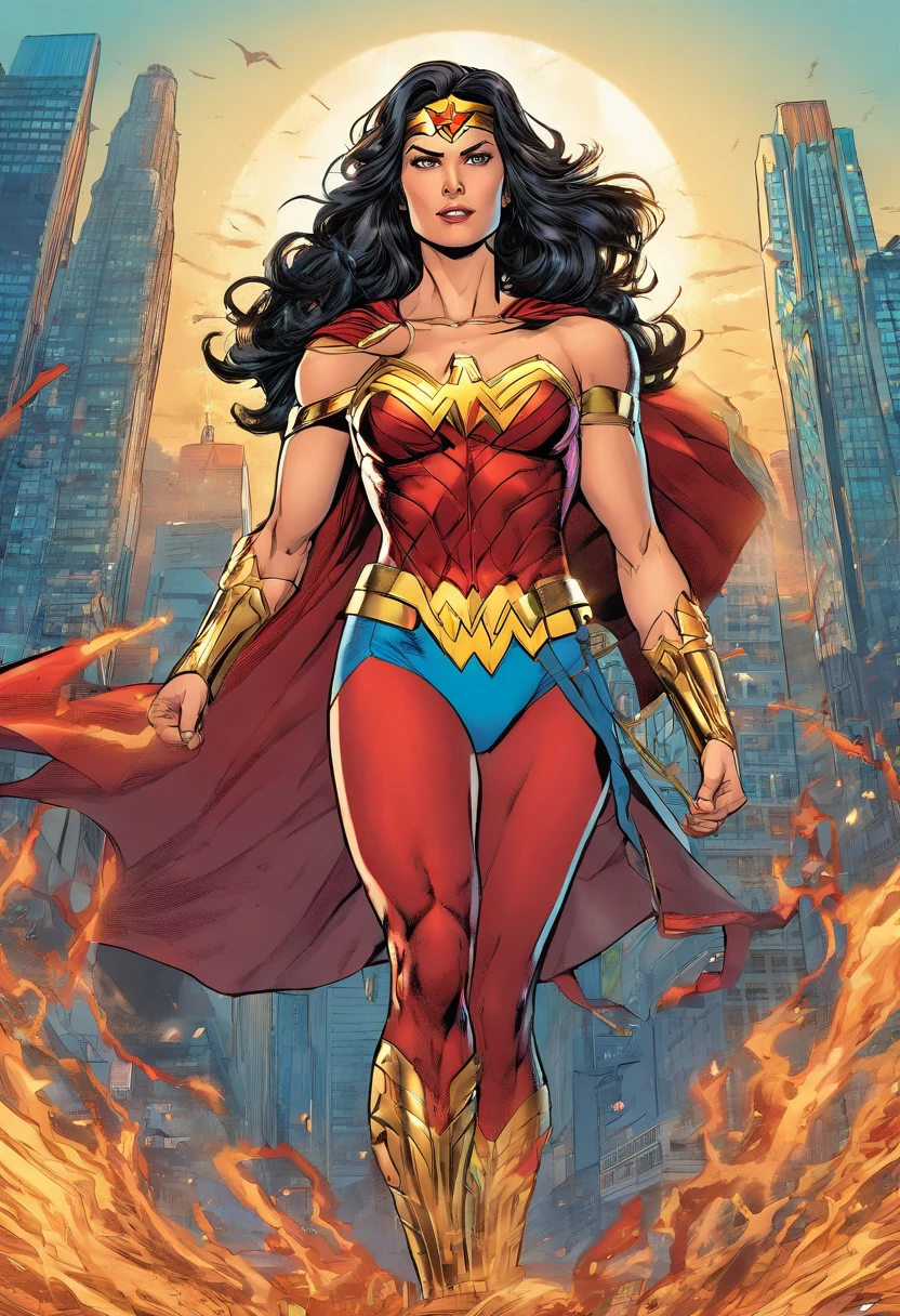 (wonderwoman,supeoutfit),beautiful detailed eyes,beautiful detailed lips,longeyelashes,confident,strong,athletic,body,heroine,cape,indomitable,superstrength,flying,empowering,fierce,superhero,brave,golden tiara,strong pose,blue skirt,red and gold top,vibrant colors,comic book style,ink drawing,shadow and light,heroic,shield,super powers,strong stance,vigilante,cityscape background,action-packed,energy bolts,iconic,superhuman speed,inspiring,mighty,best quality,ultra-detailed,photorealistic,vivid colors